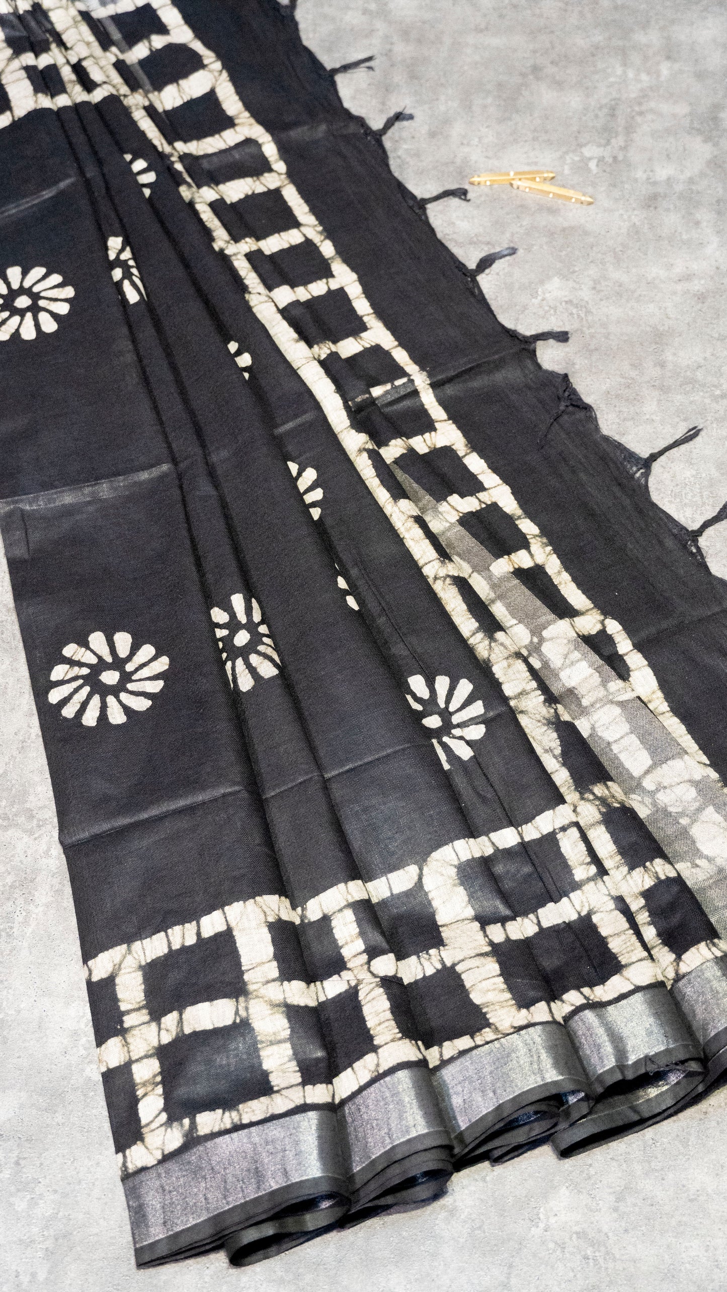 Linen Cotton Batik Print Black With Zari Border