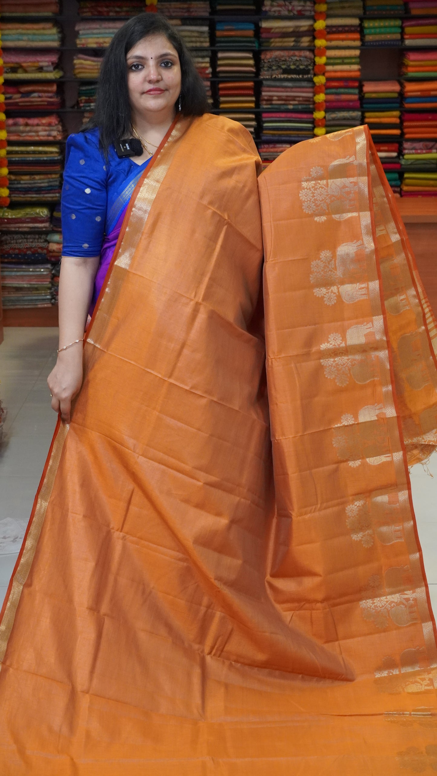 Semi Tussar Saree Elephant Print Honey