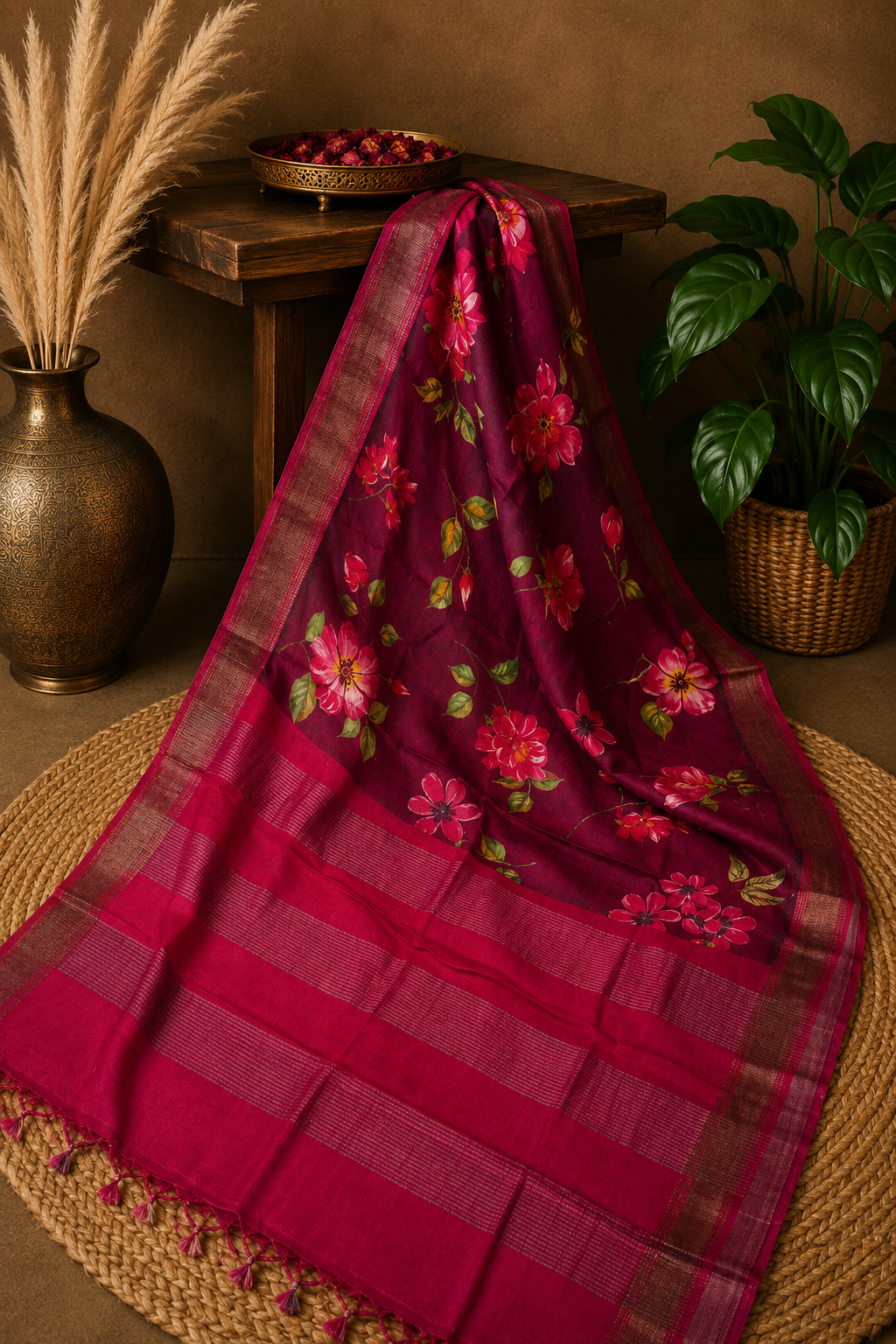 Desi Tussar Silk Saree- Wine Floral Pattern