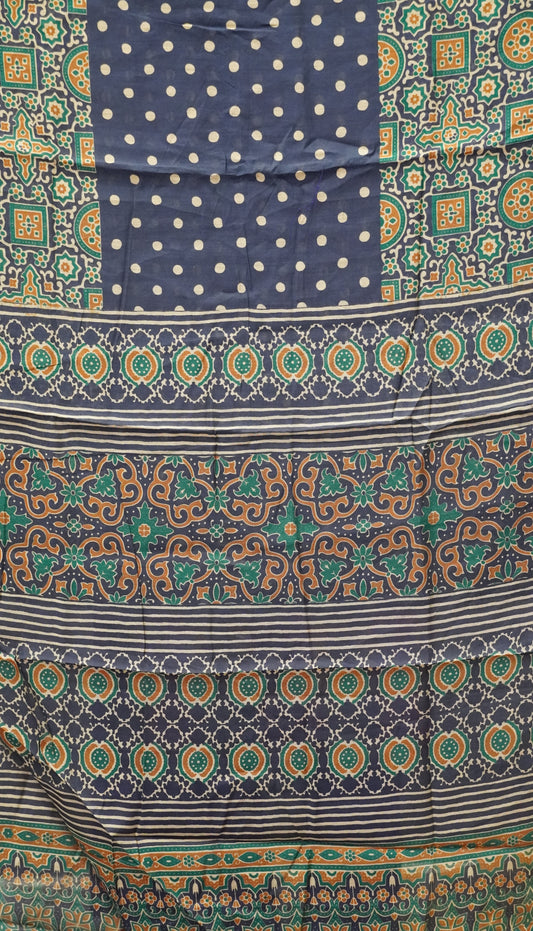 Malai Cotton Saree Ajrakh Border - Navy Blue