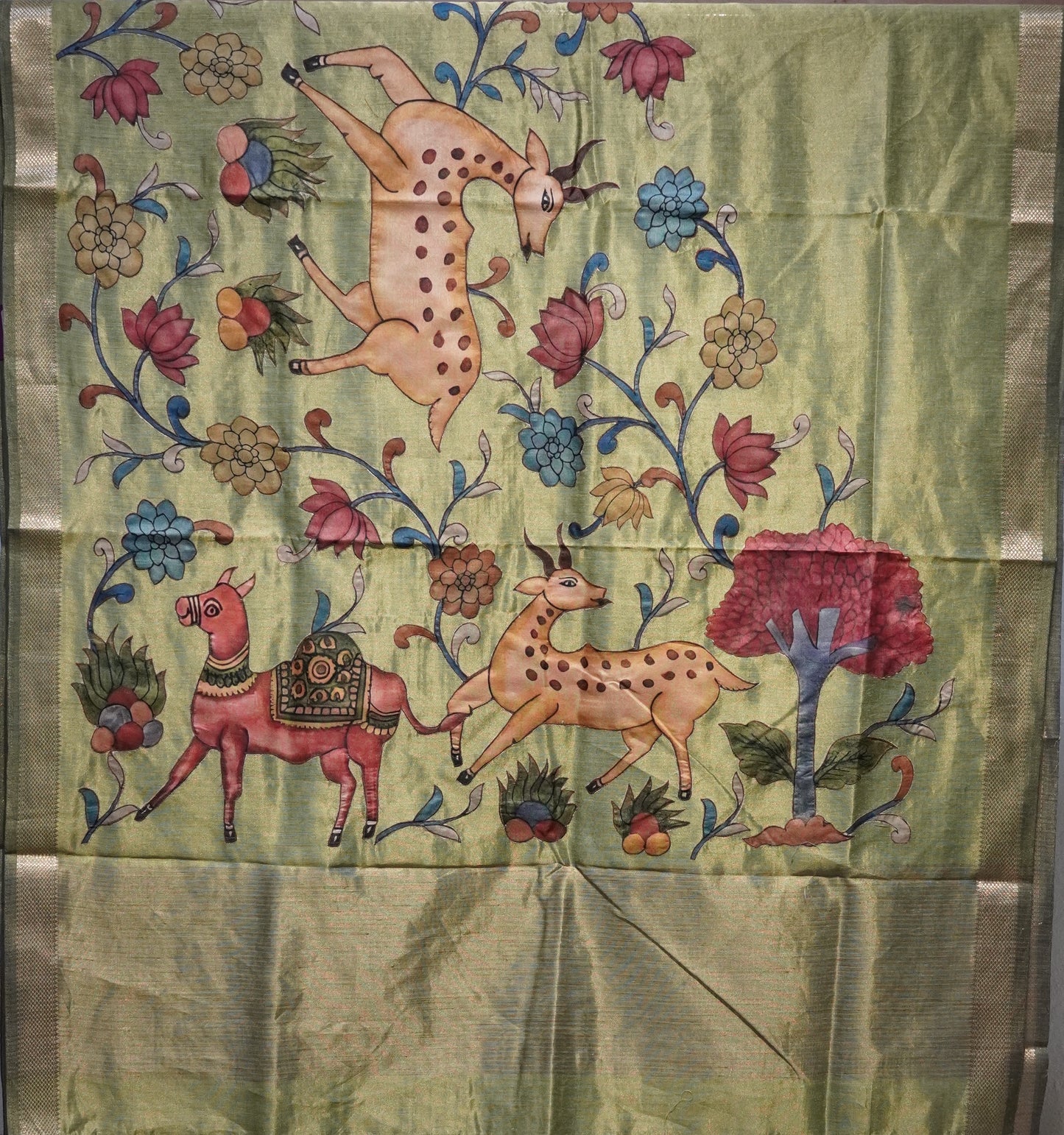 Chanderi Tissue Aplique Work Green