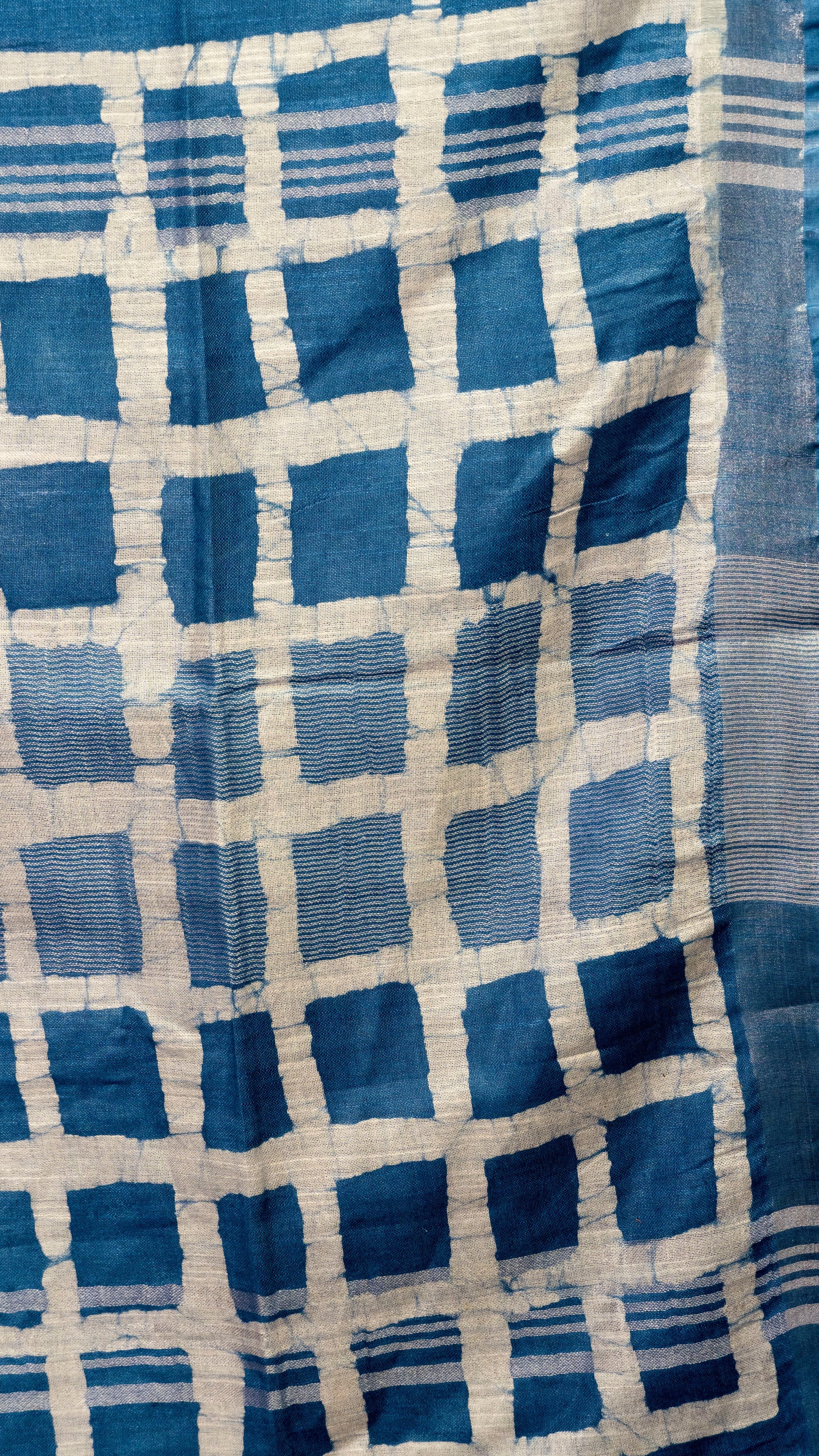 Linen Cotton Batik Print Blue With Zari Border