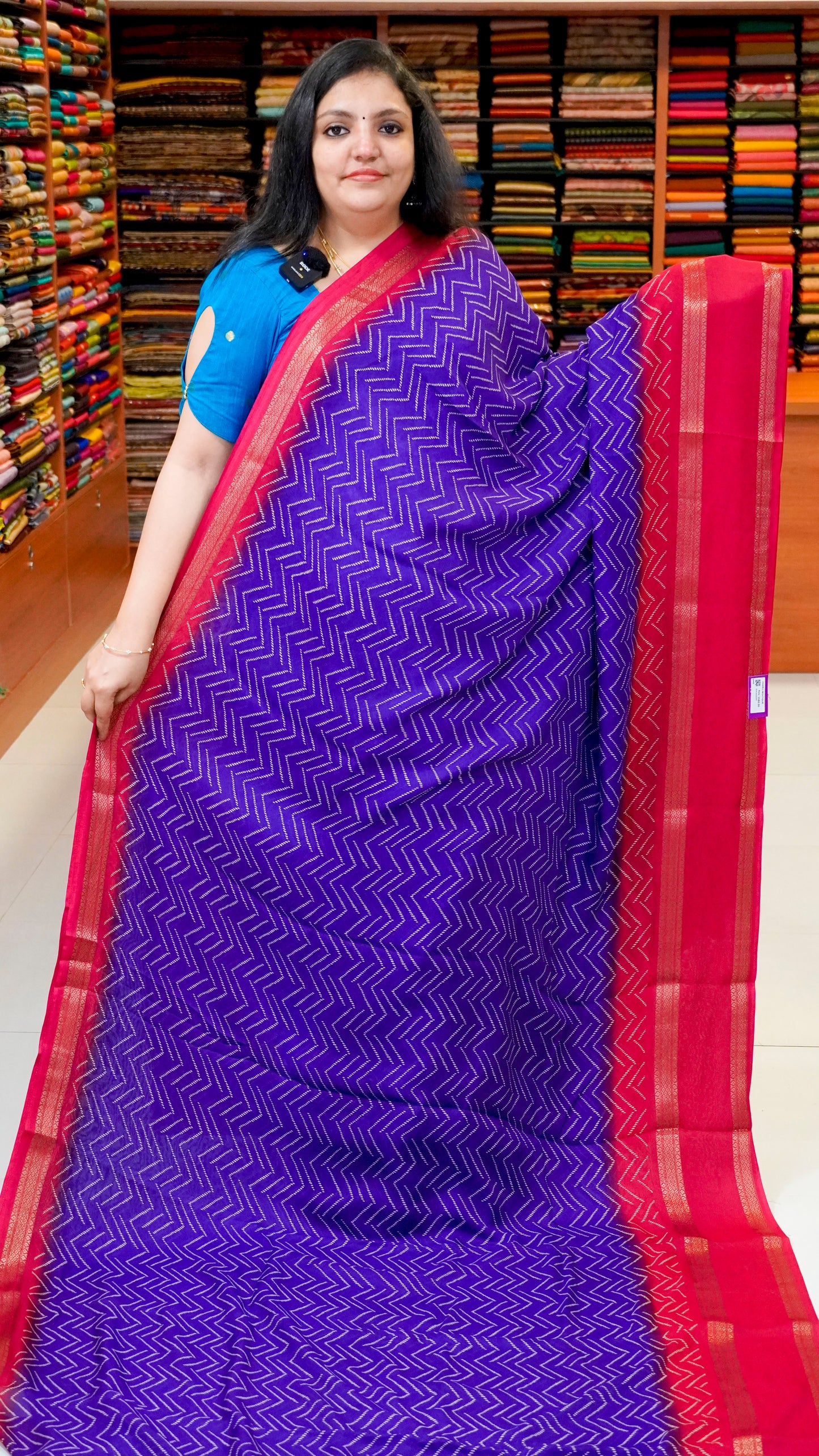 Shiffon Saree Arrow Print With Gap Zari Border Purple To Red
