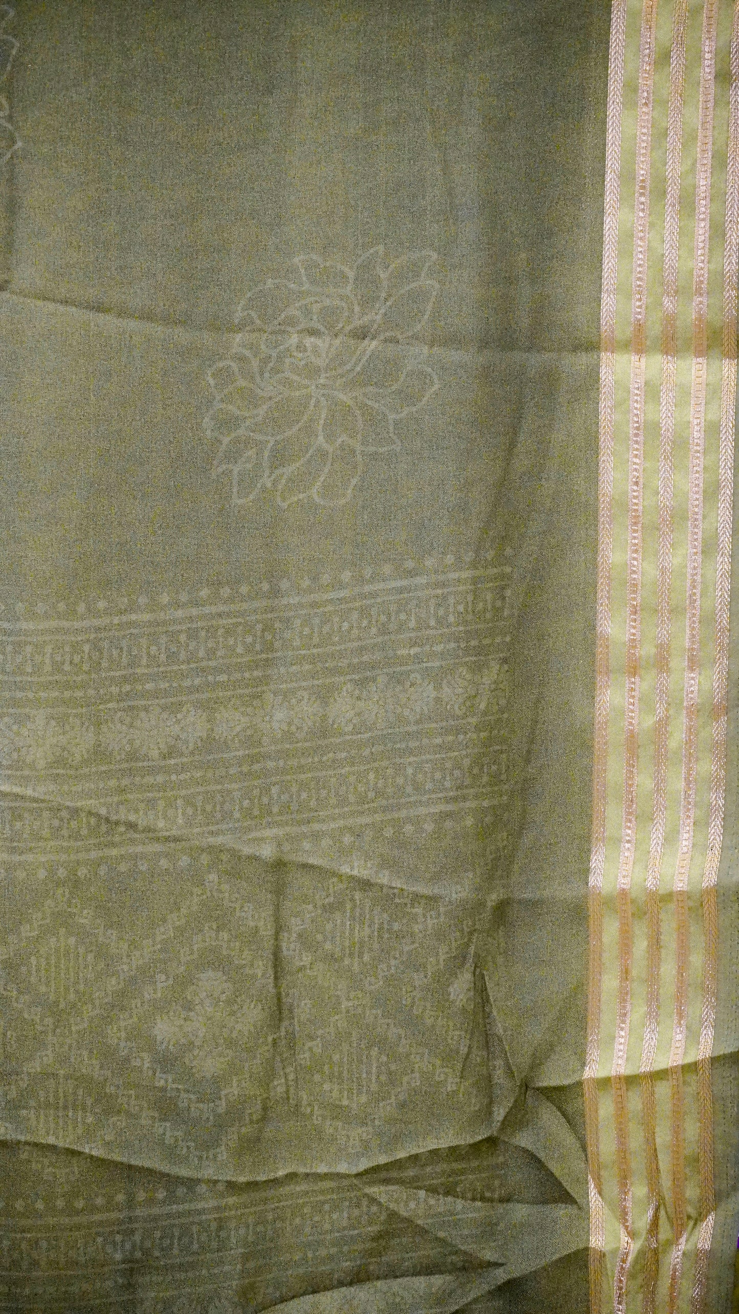 Shiffon Printed Saree Olive Green With Zari Border