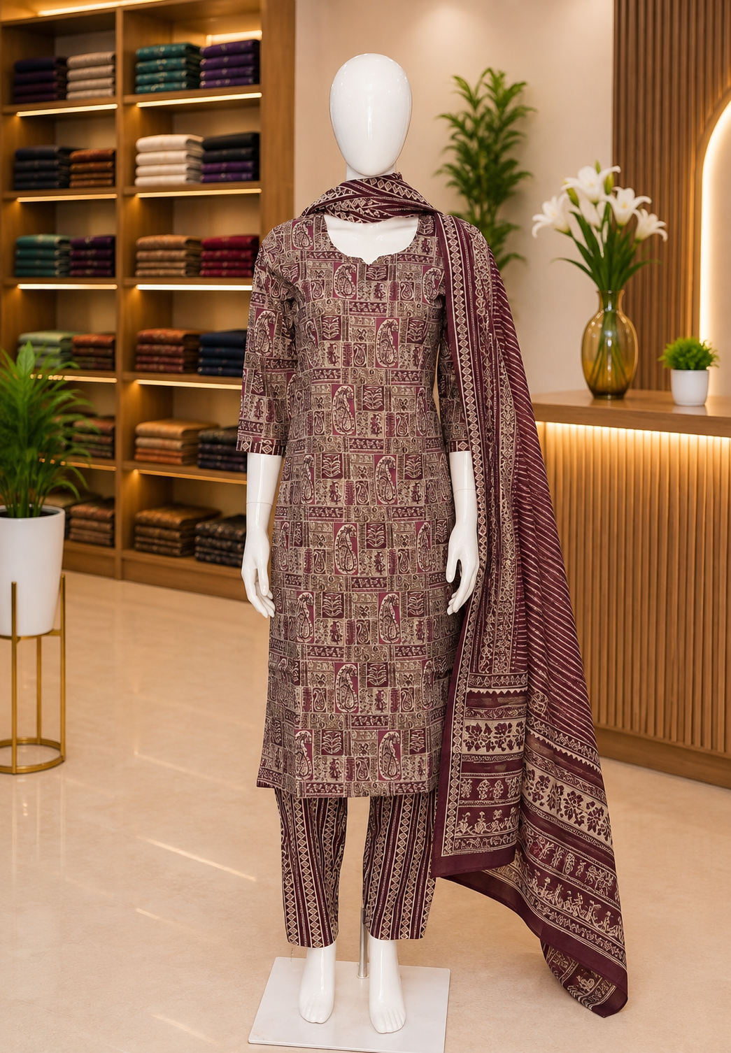 3Pc Salwar Suit with Ajrakh Print