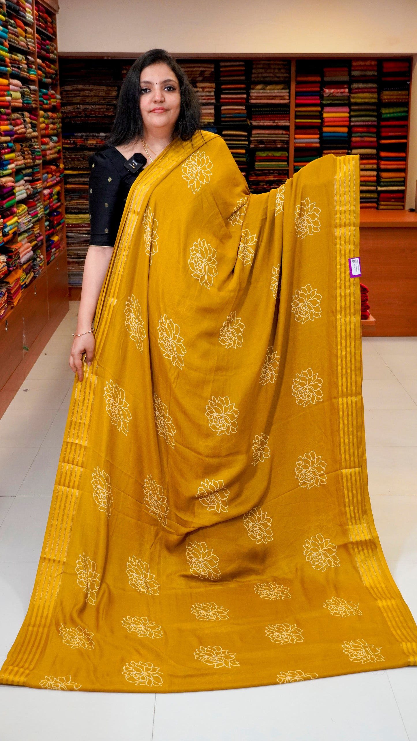 Shiffon Printed Saree Mustard With Zari Border