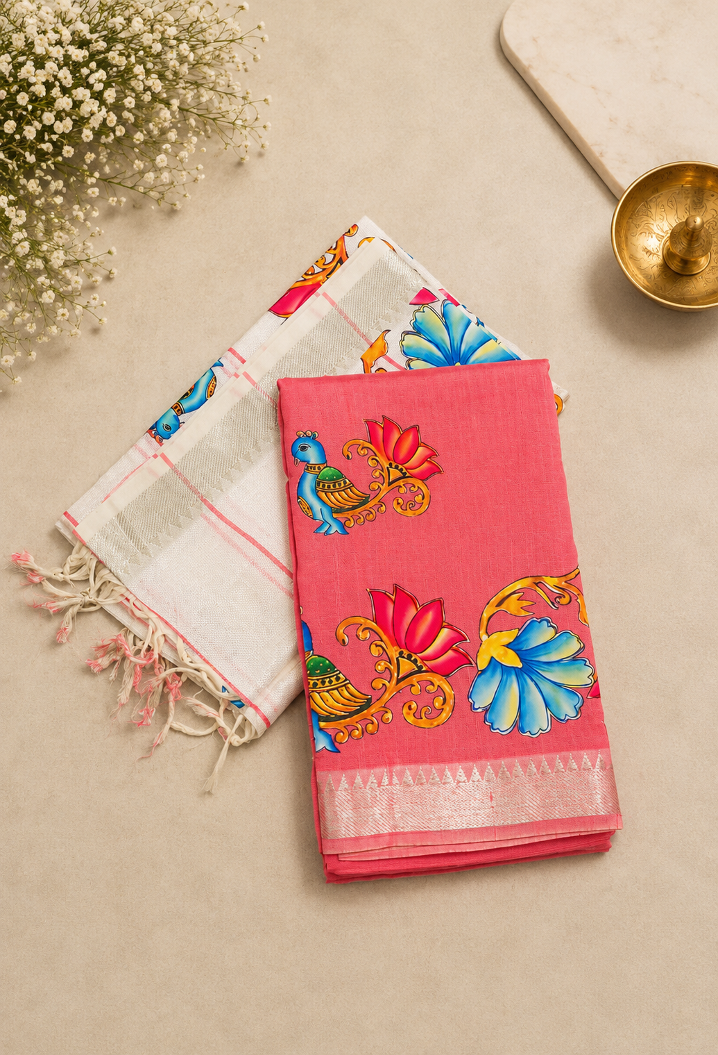 Pure Mangalgiri Silk 2Pc Salwar Material-Dark Peach with Tanjore Print