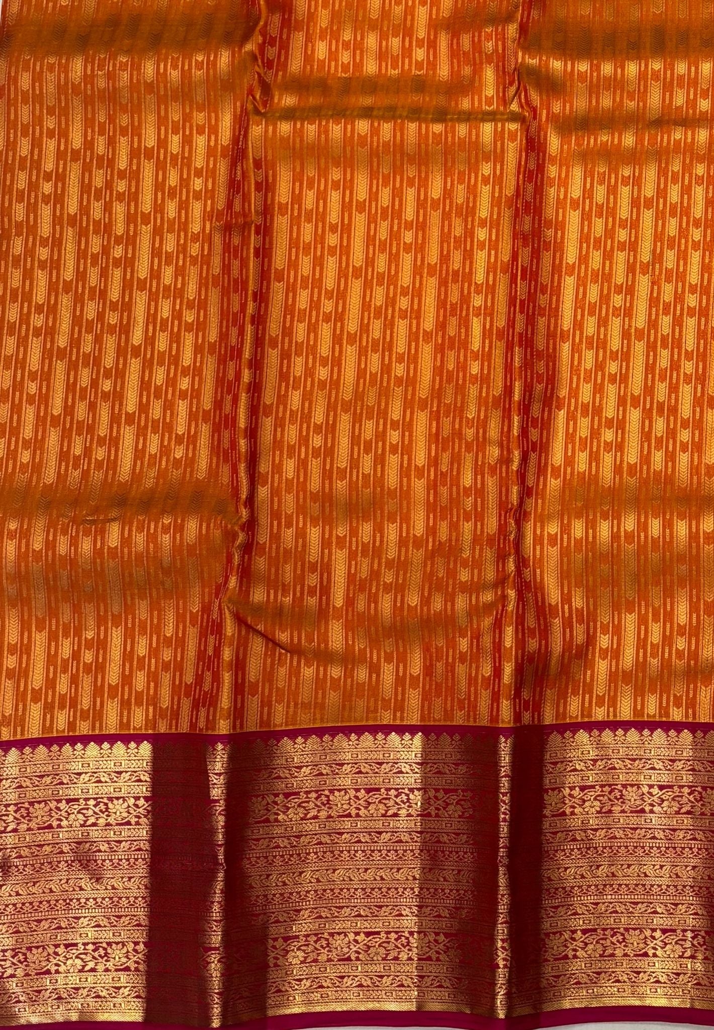 Pure Kanchipuram Silk Saree- Traditional Yellowish Orange with Contrast Border