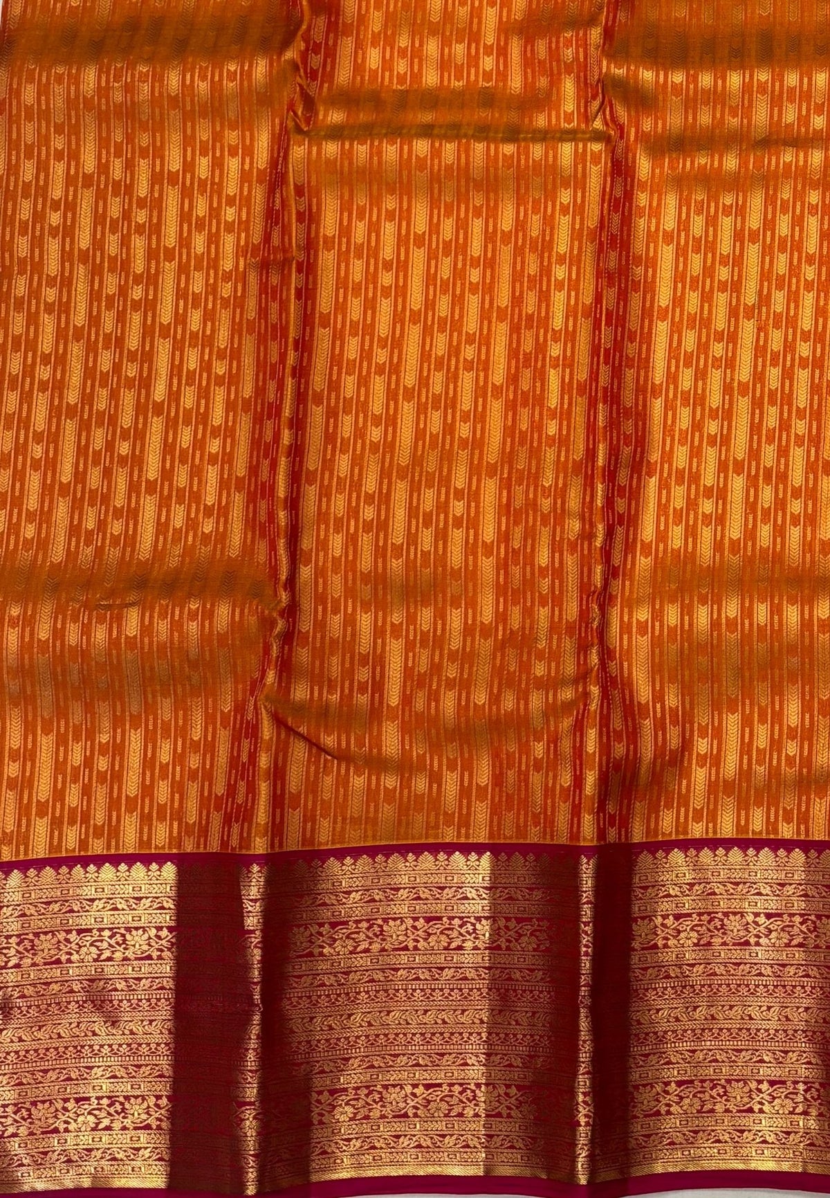Pure Kanchipuram Silk Saree- Traditional Yellowish Orange with Contrast Border