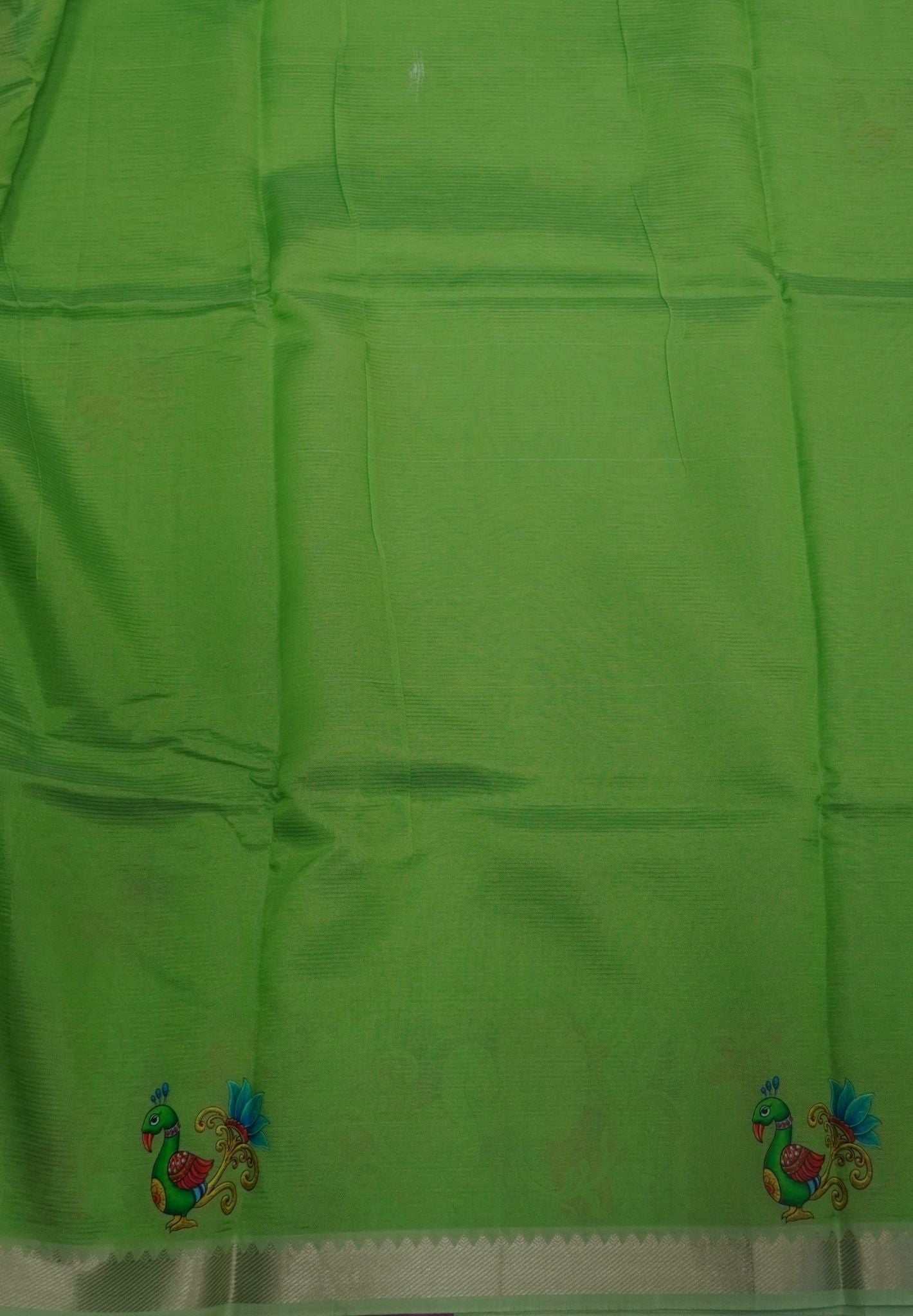 Pure Mangalgiri Silk Saree-Parrot Green with Tanjore Print