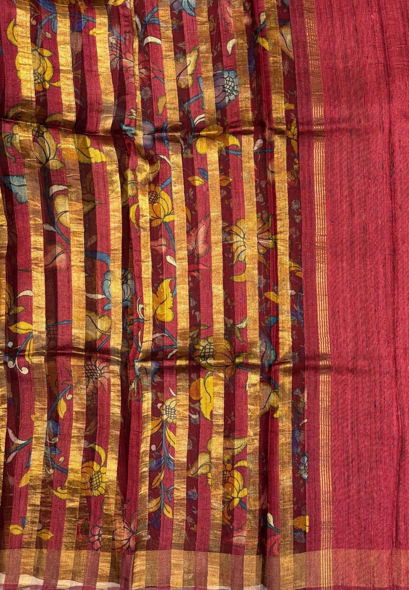 Pure Organza Tussar Saree-Maroon In Striped Zari Border