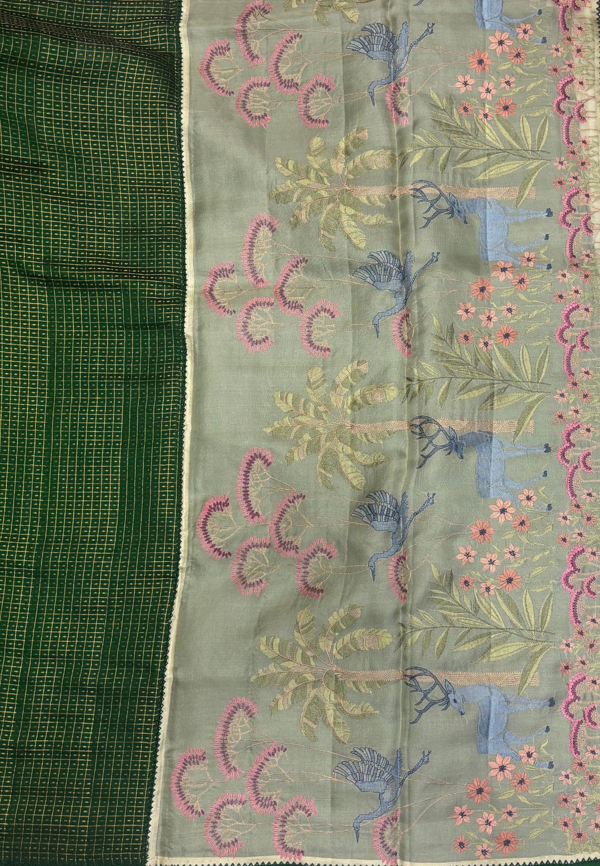 Soft Chiniya Silk Saree-Green in Thousand Butta Deer & Floral Border
