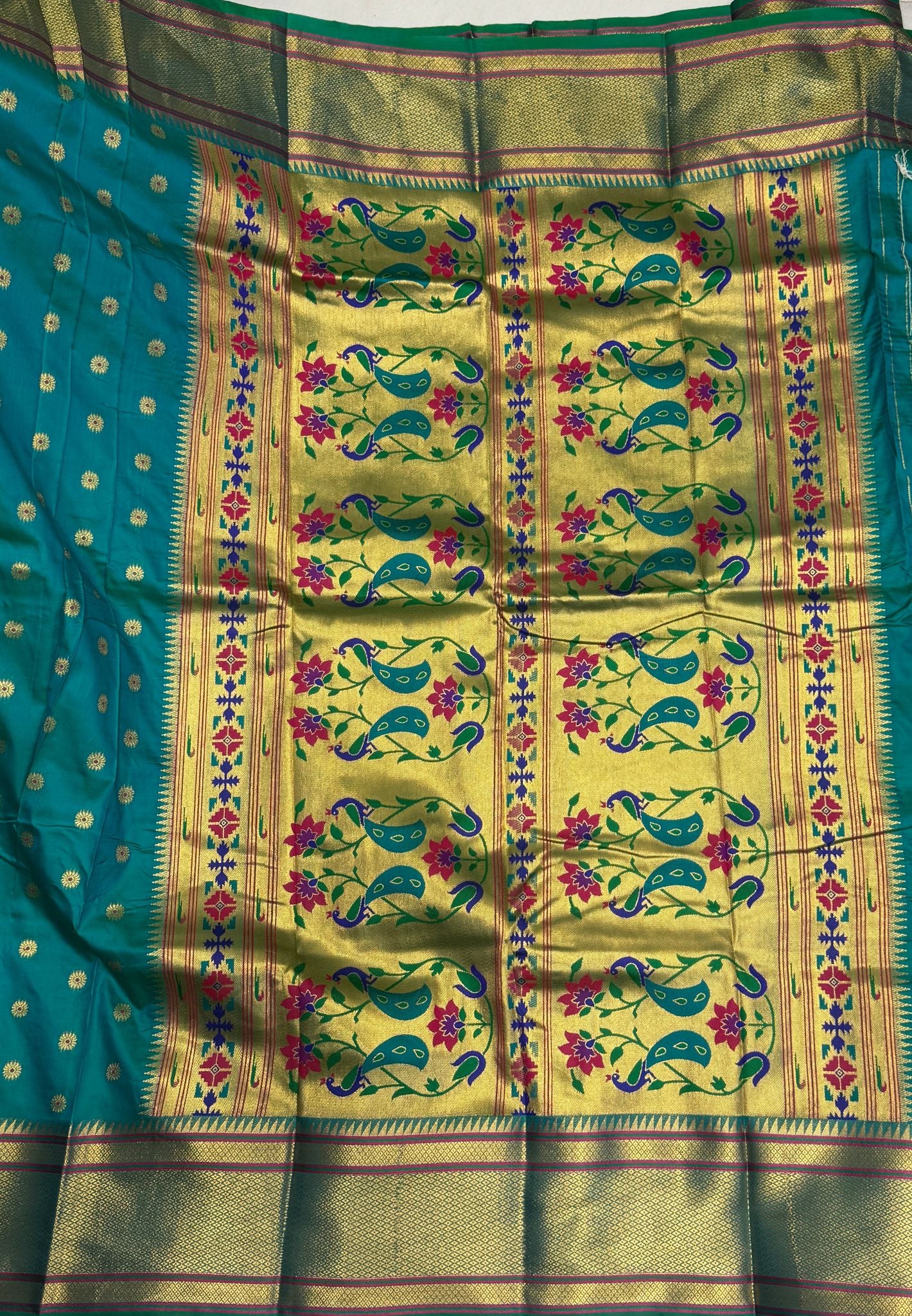Semi Silk Saree-Sea Green in Traditional Peacock Floral Brocade Border