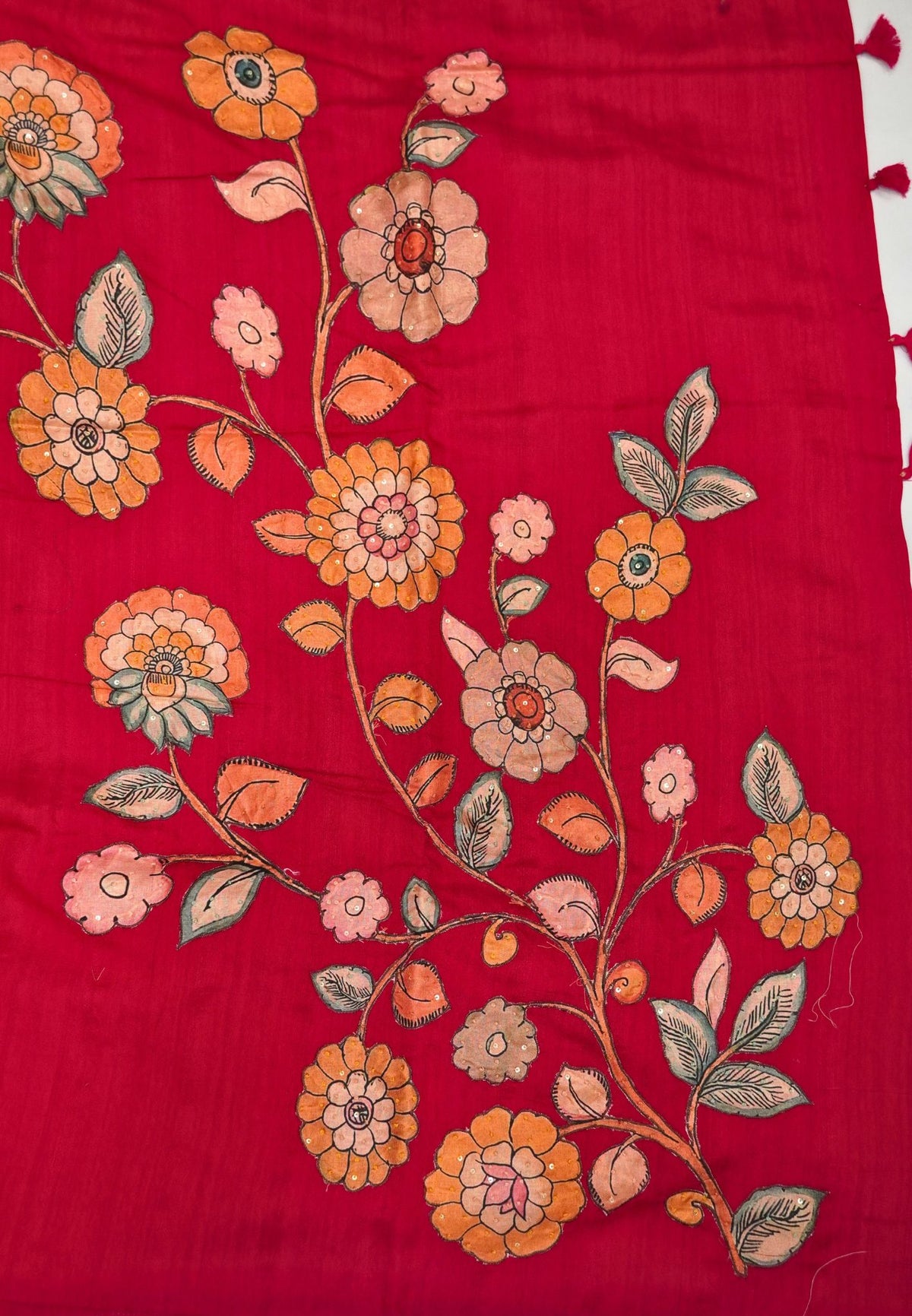 Semi Raw Silk Saree - Redish Pink With Floral Hand-Painted Designs