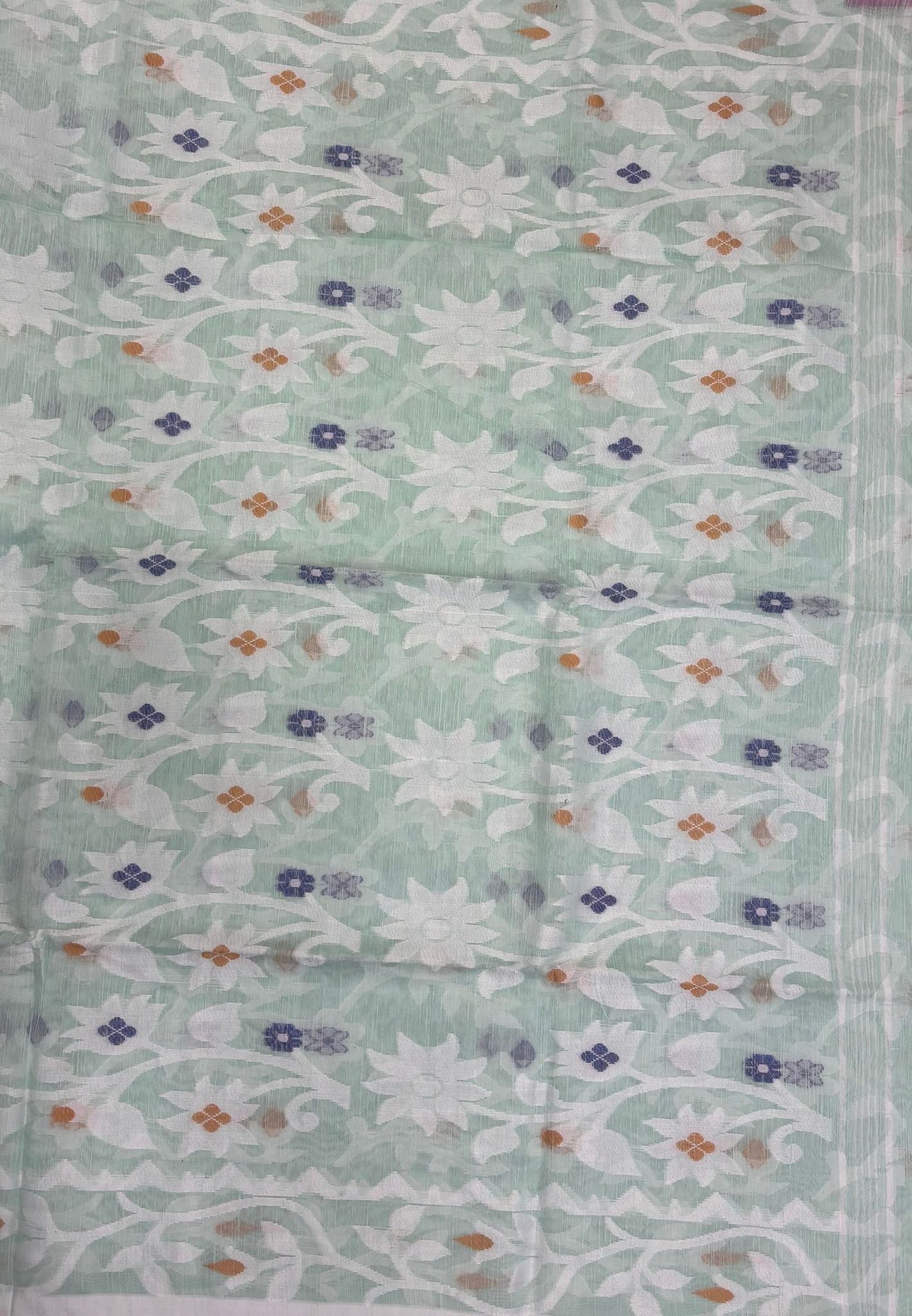 Dhakai Jamdhani Cotton Saree-Light Sea Green In Floral Vine Zari Border