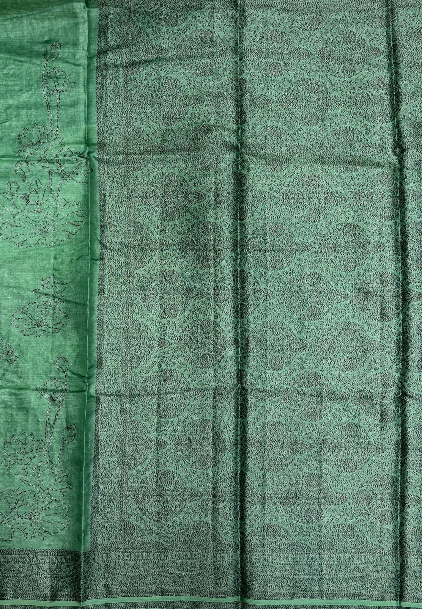Tussar Saree-Pista Green In Glitter Floral Border