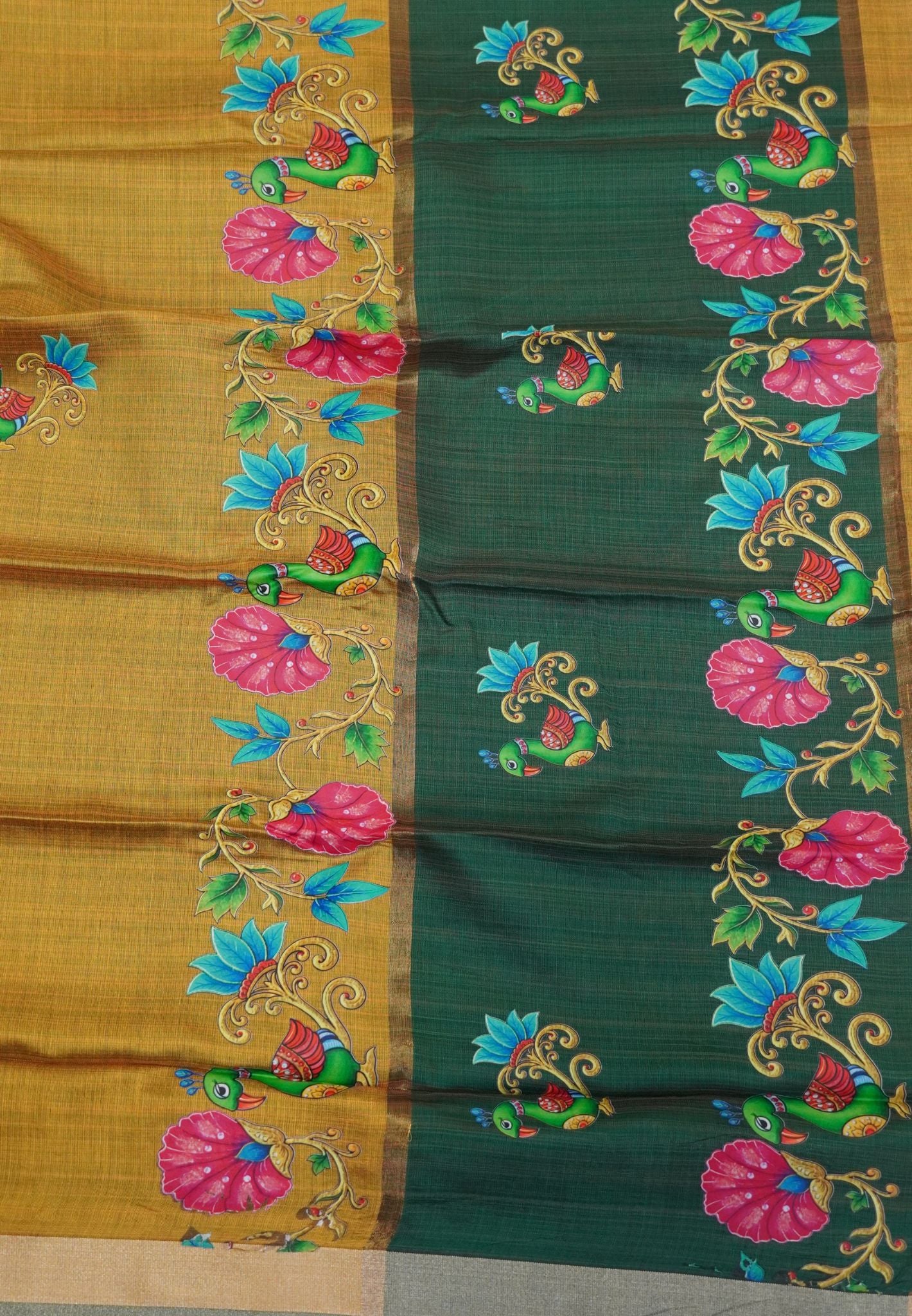 Cora Linen Saree-Pale Golden Yellow with Tanjore Print