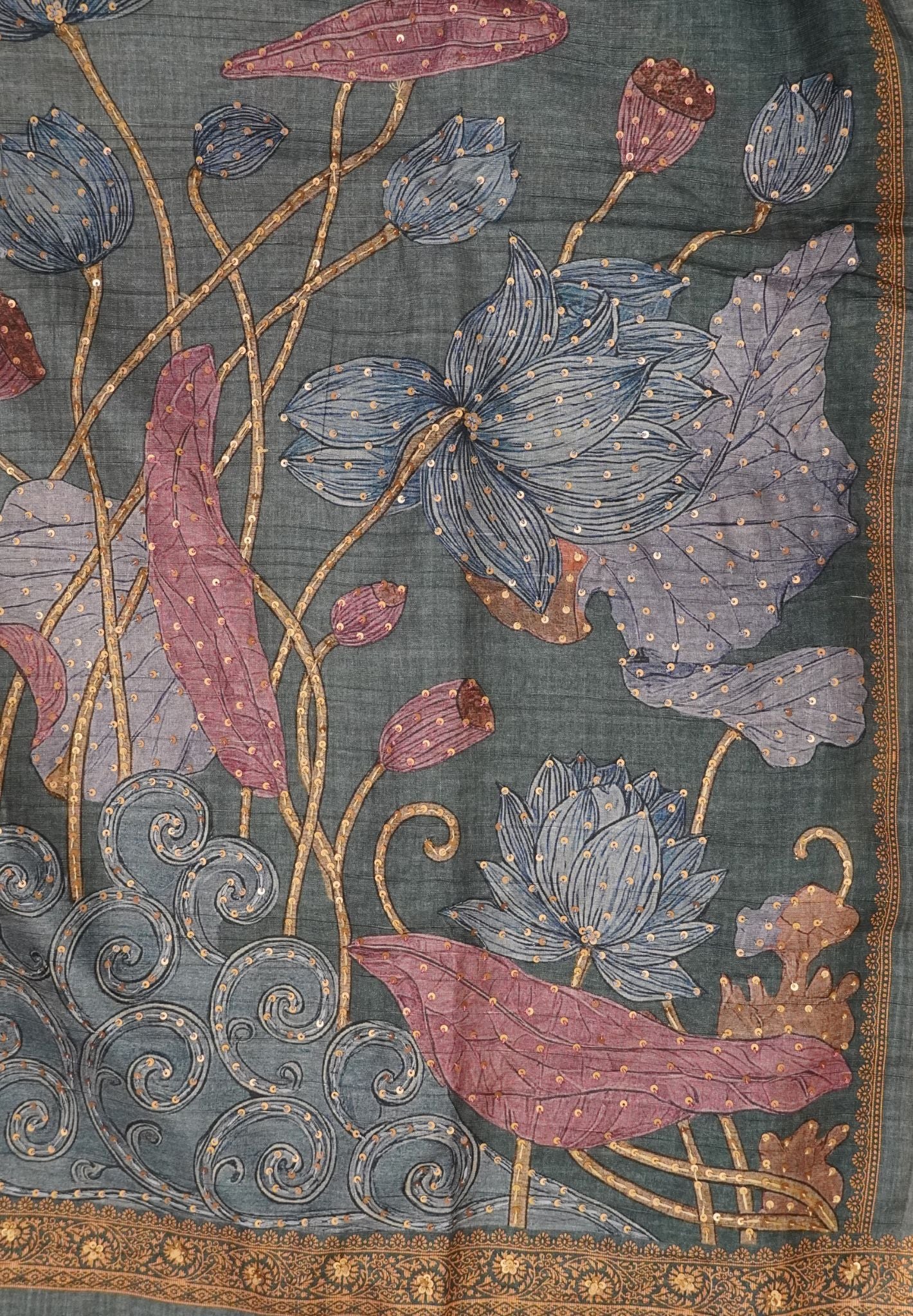Tussar Saree-Greyish Blue with French Knot & Sequence Work