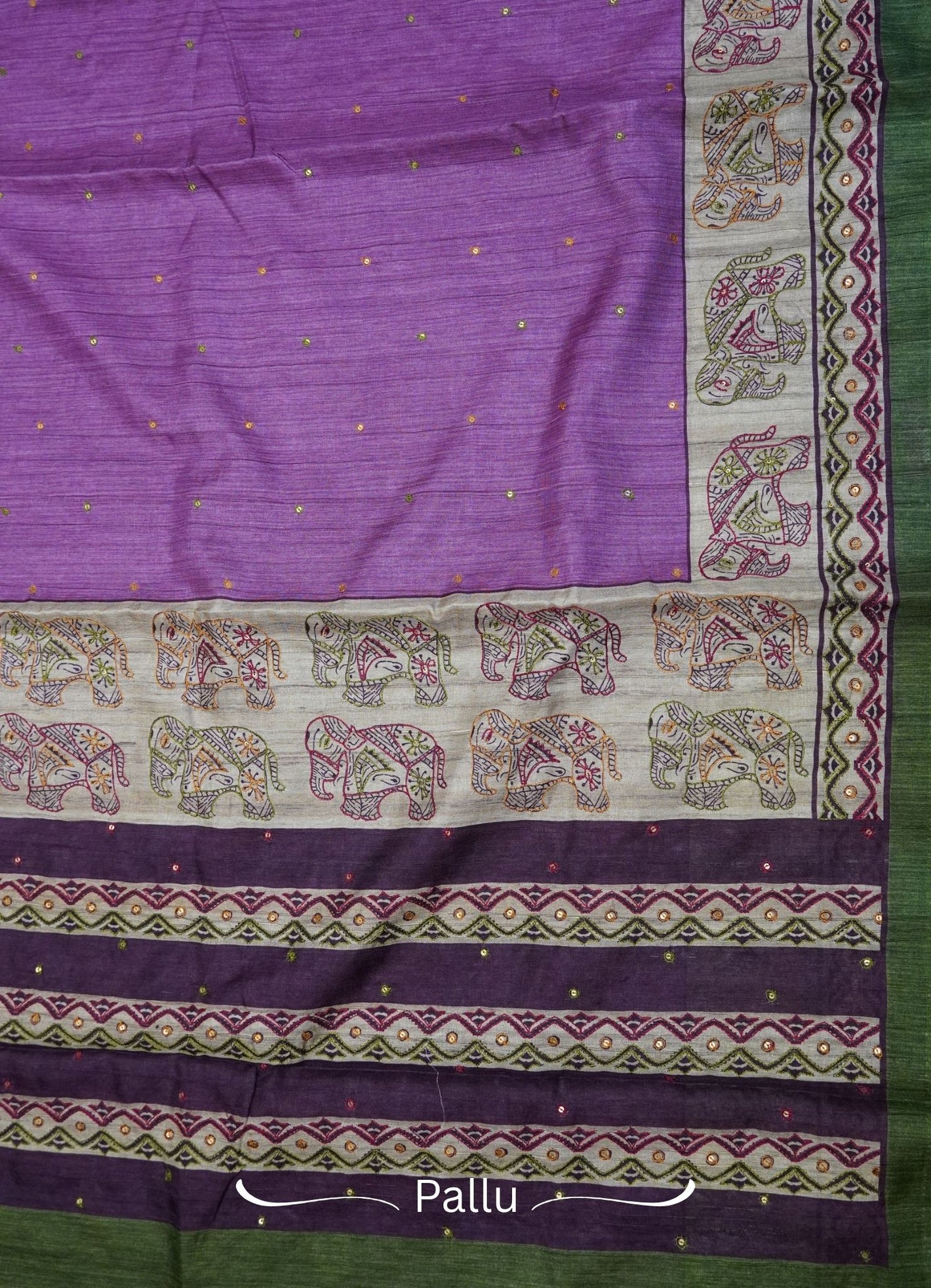 Semi Tussar Saree – Purple Green Elephant Design
