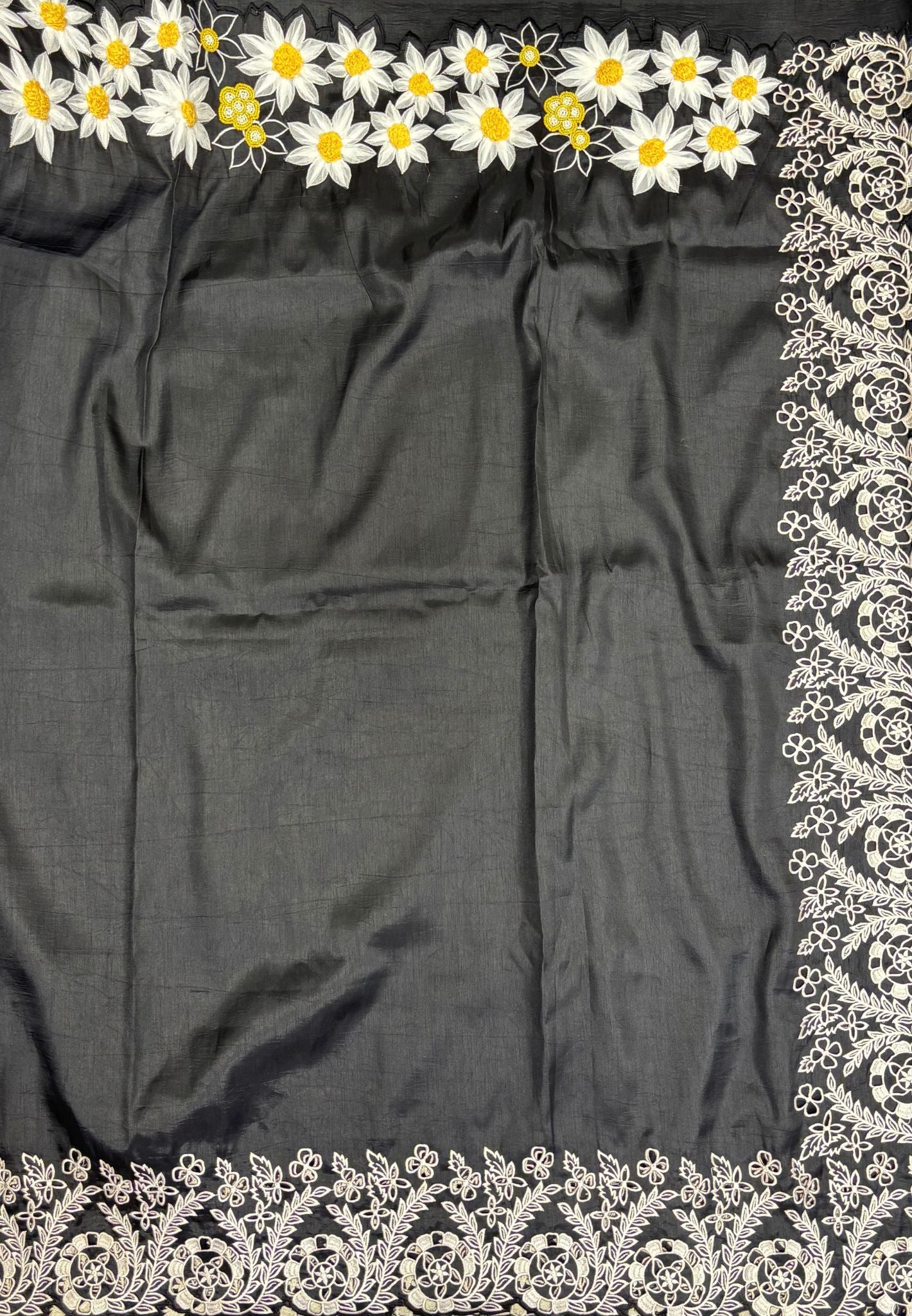 Russian Silk Saree-Black In Daisy Floral Embroidery Border