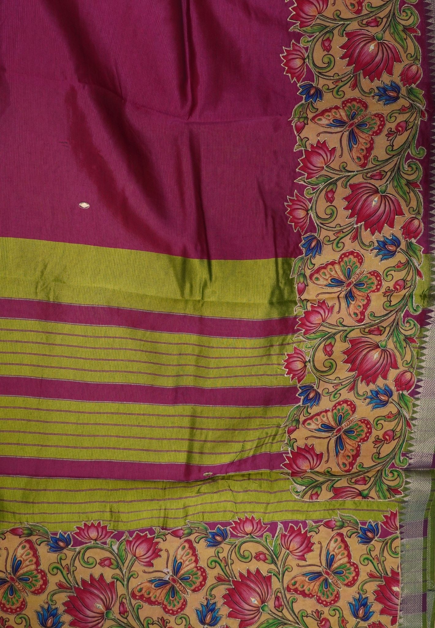 Pure Mangalgiri Silk Saree- Rani Pink with AppliquƩ Work