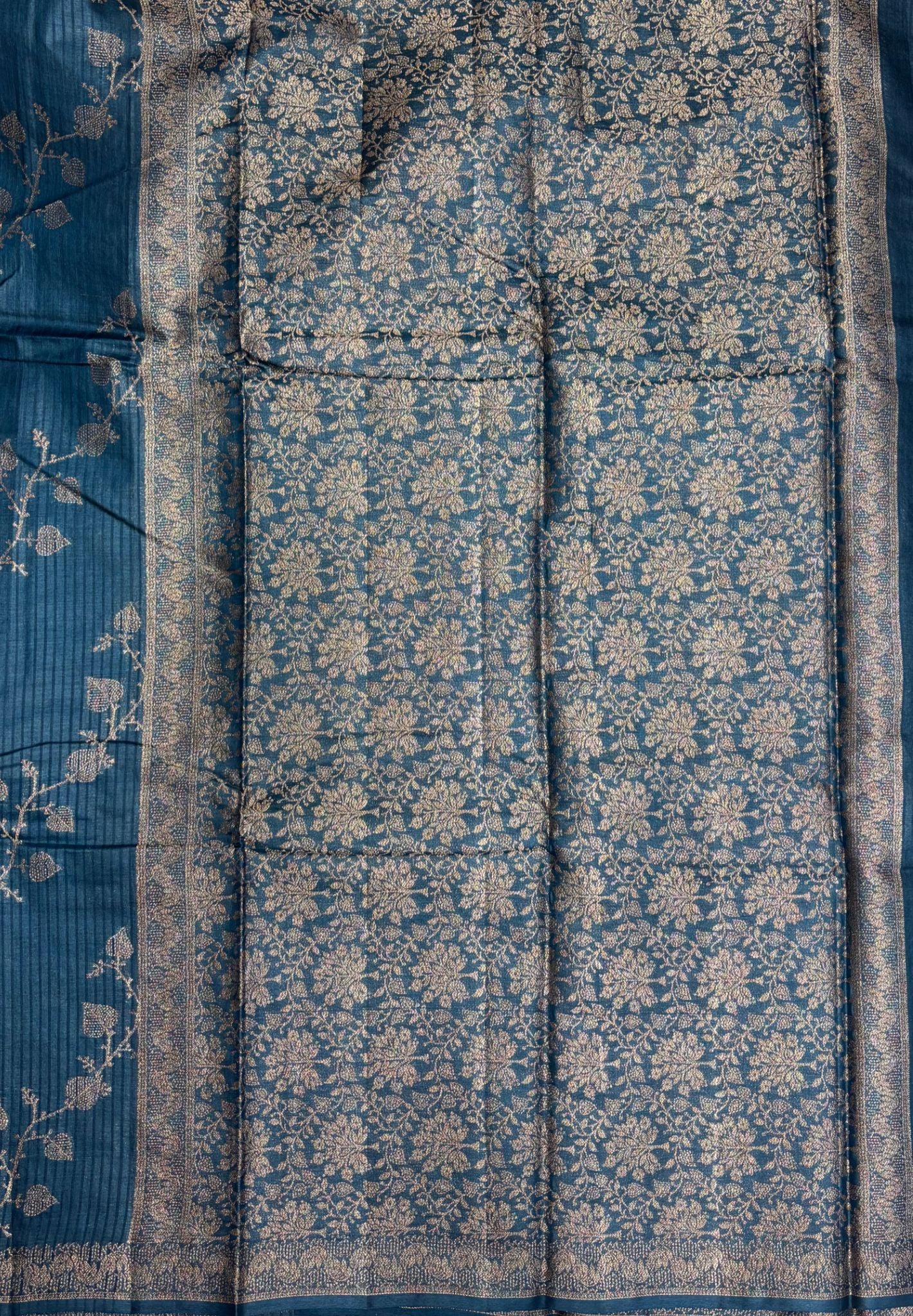 Pure Tussar Saree-Peacock Blue in Floral Vine Brocade Border