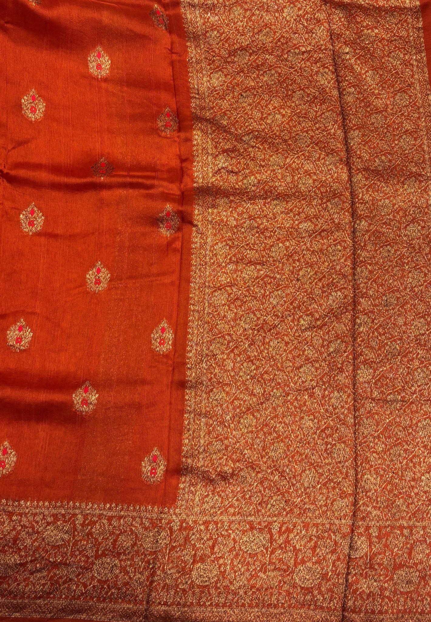 Banarasi Tussar Saree-Rust Orange in Floral Brocade Zari Border