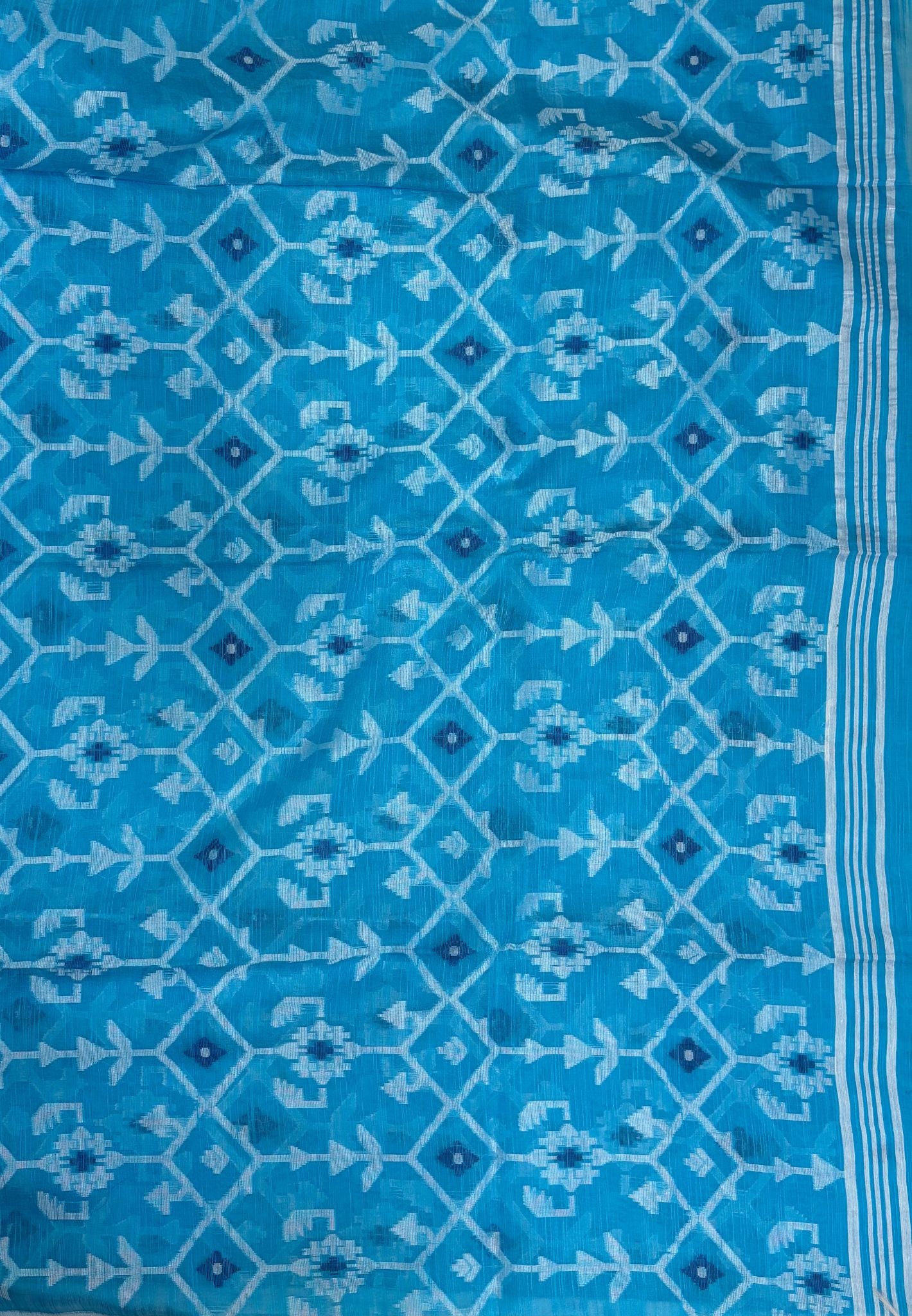 Handloom Cotton Saree-Sky Blue in Diamond Pattern Border