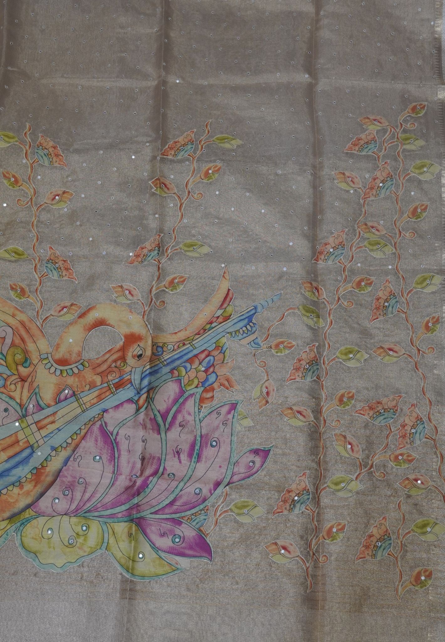 Silk Kota Saree-Sandal With Mirror and Applique Work in Pallu