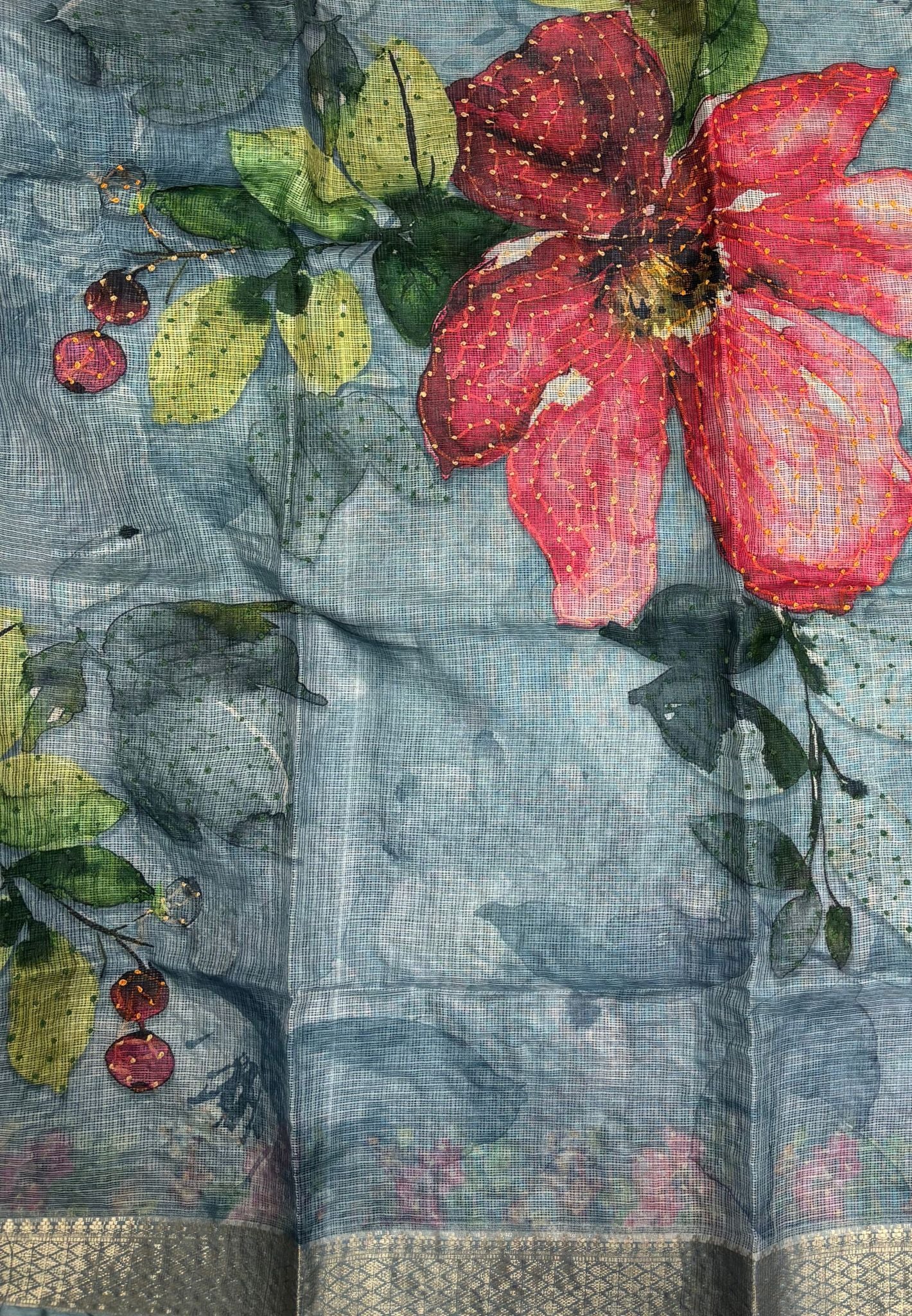 Kota Saree-Water Blue In French Knot Floral Border