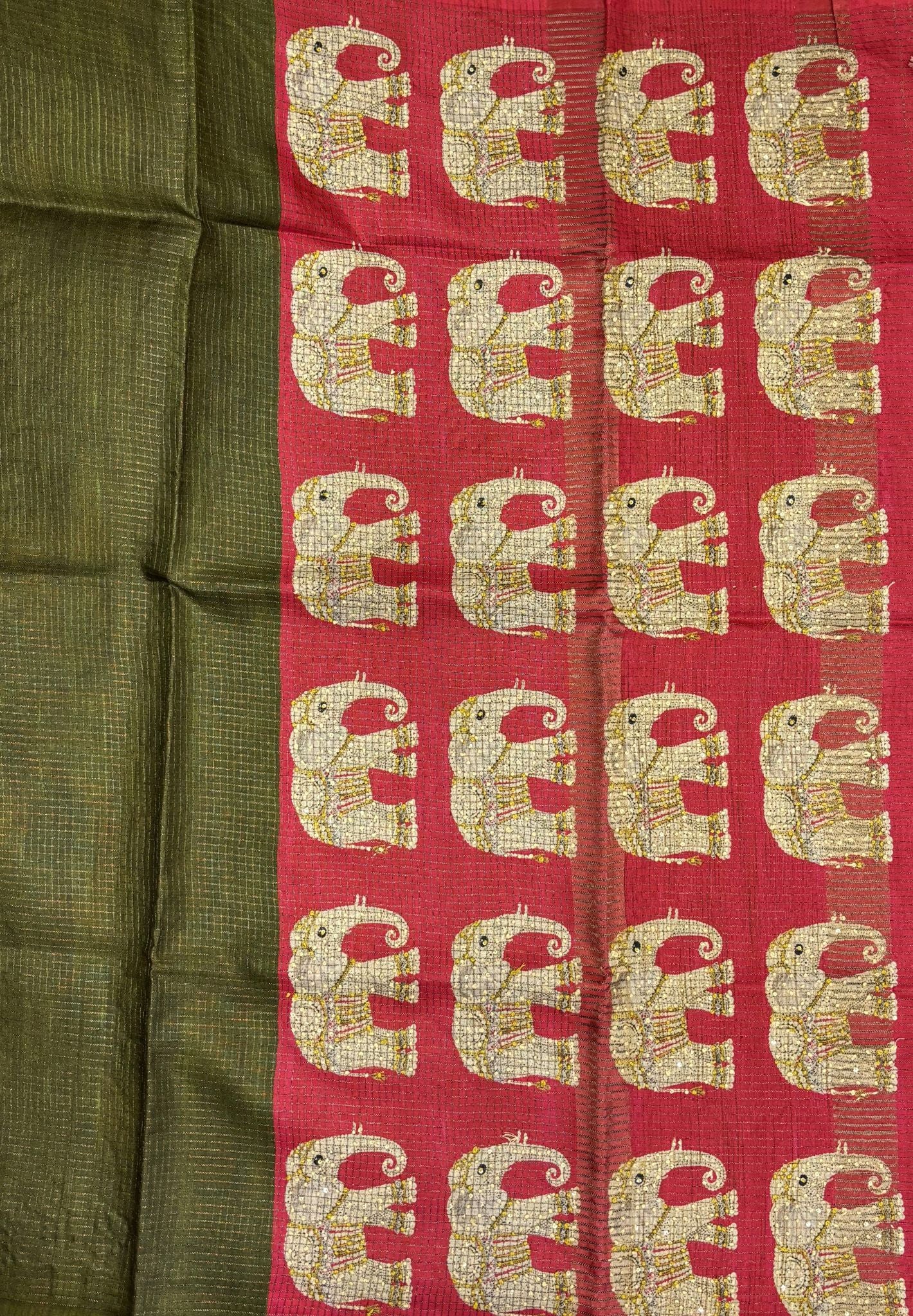 Tussar Saree-Army Green In Elephant Motif Border