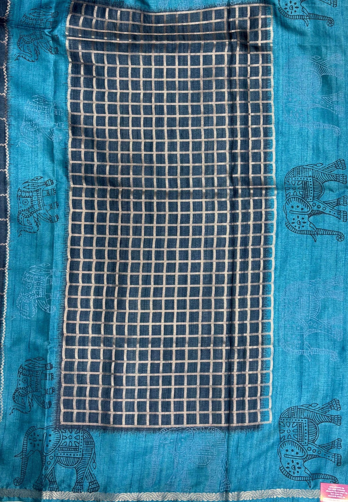 Semi Tussar Saree-Peacock Blue in Traditional Elephant Motif Zari Border