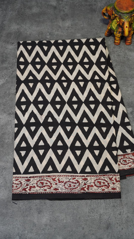 Mul Mul Cotton Saree Black Triangle Prints
