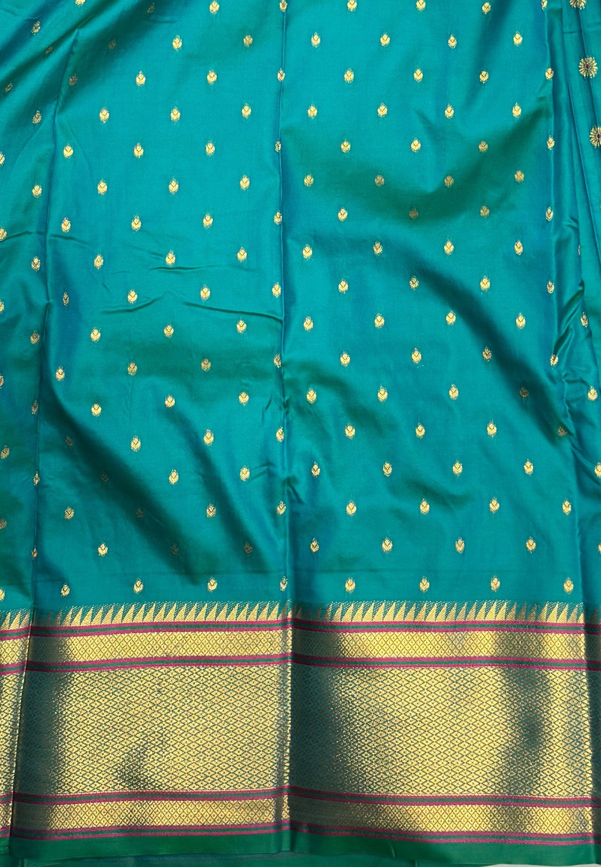 Traditional Peacock Floral Brocade Border - Sea Green