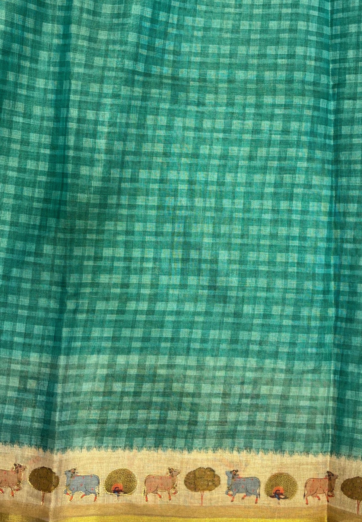 Tissue Linen Saree-Sea Green in Pichwai Cow & Peacock Motif Border