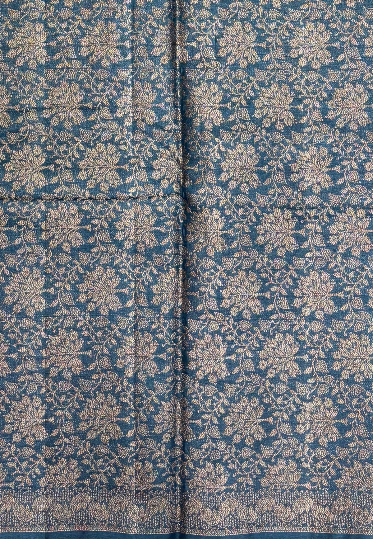Pure Tussar Saree-Peacock Blue in Floral Vine Brocade Border