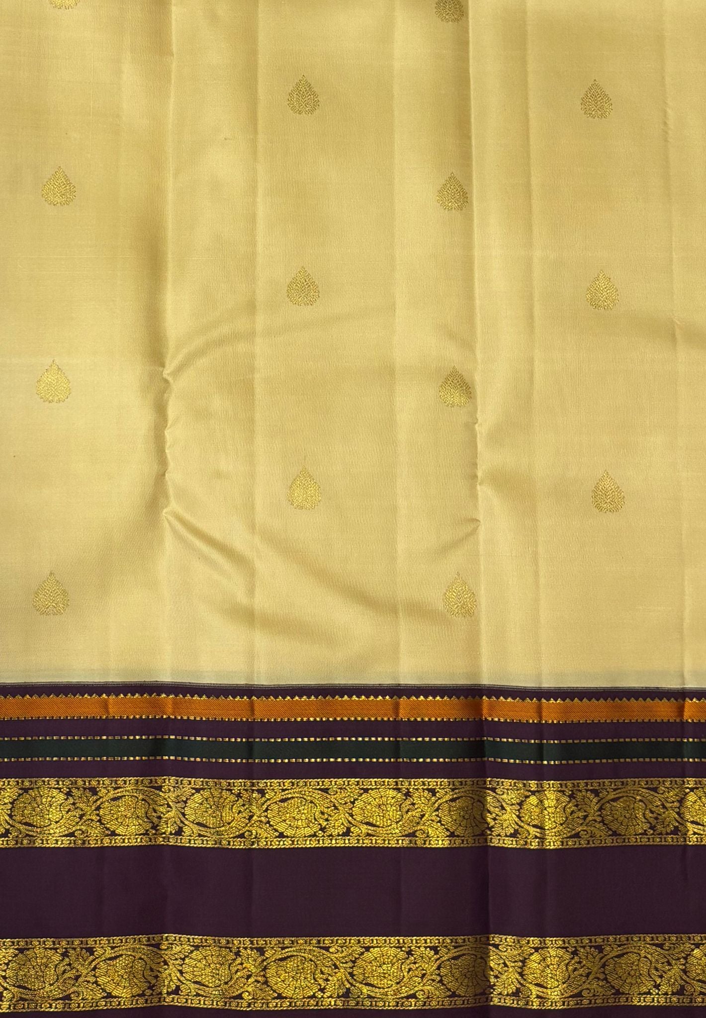 Pure Kanchipuram Silk Saree-Sandal in Floral Brocade Zari with Contrast Border