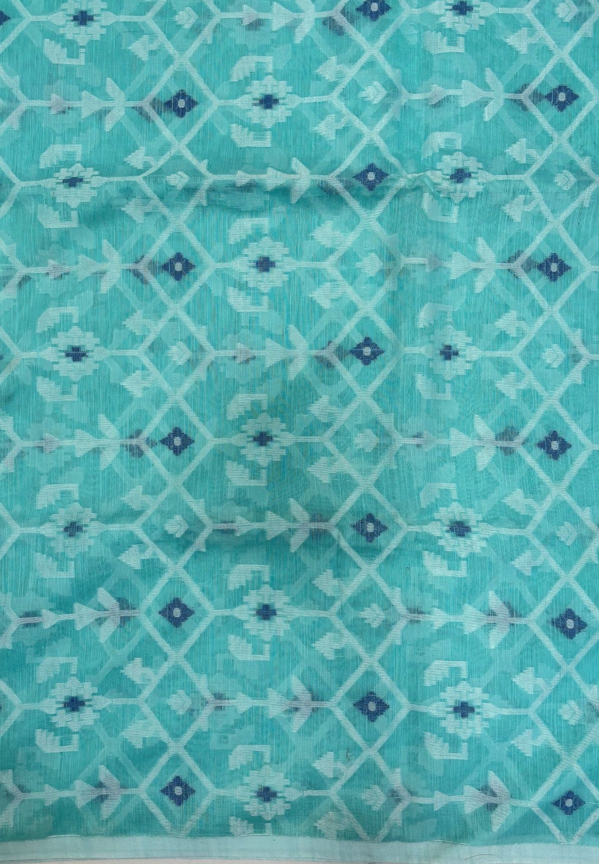 Handloom Cotton Saree-Teal Green in Diamond Pattern Border