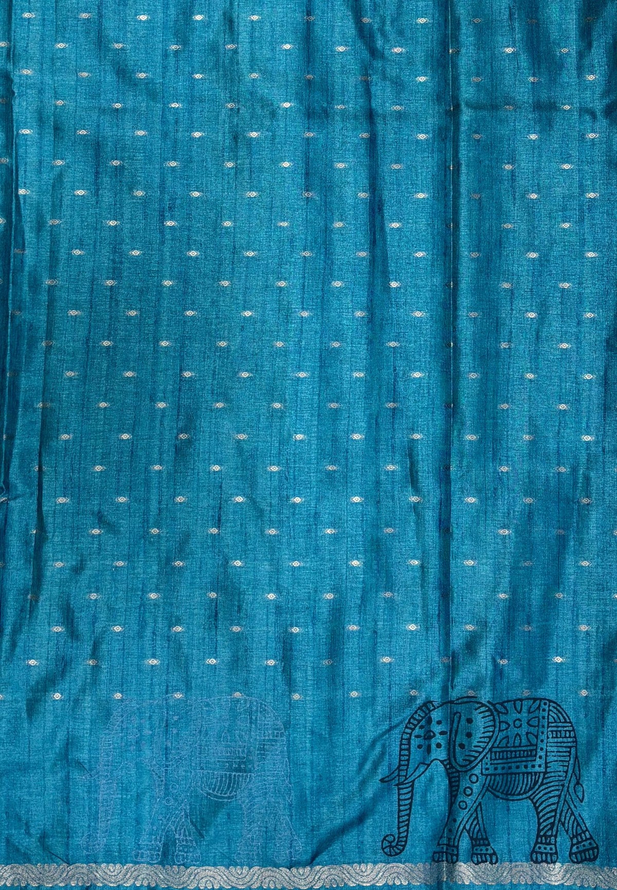 Semi Tussar Saree-Peacock Blue in Traditional Elephant Motif Zari Border