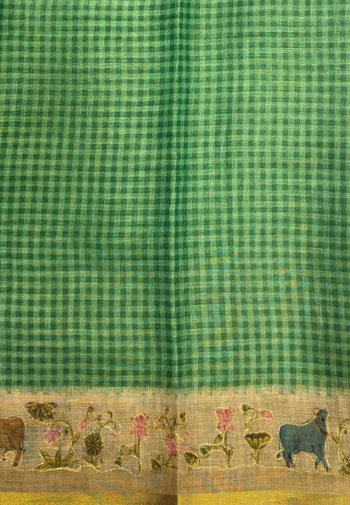 Tissue Linen Saree-Green in Pichwai Art Printed Border