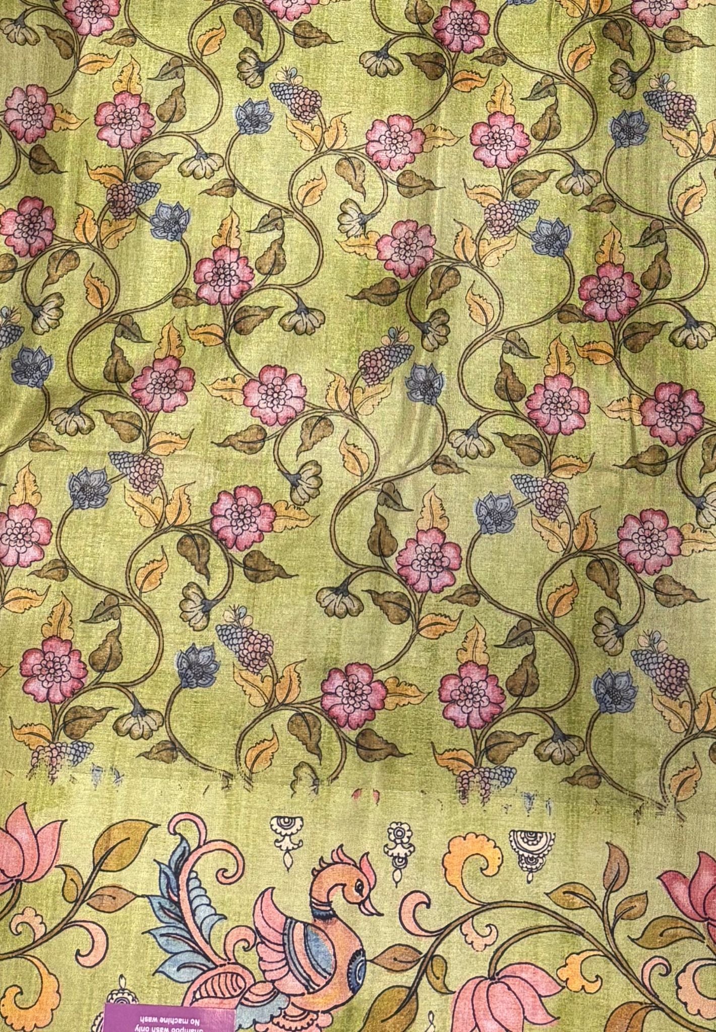 Matka Tussar Saree-Lime Green with Kalamkari Border