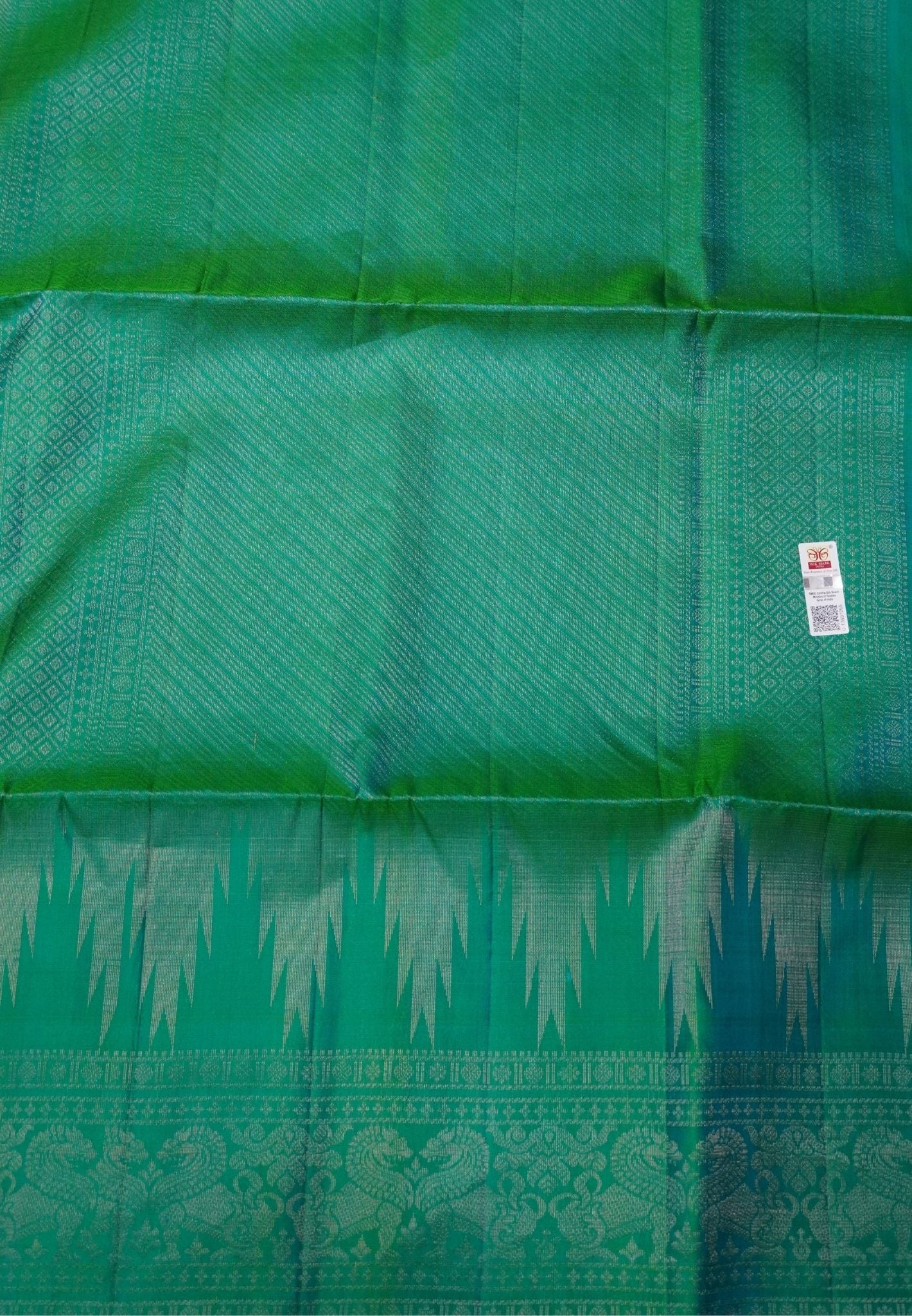 Pure Soft Silk Saree-Teal Green Brocade Weaving with Temple Border