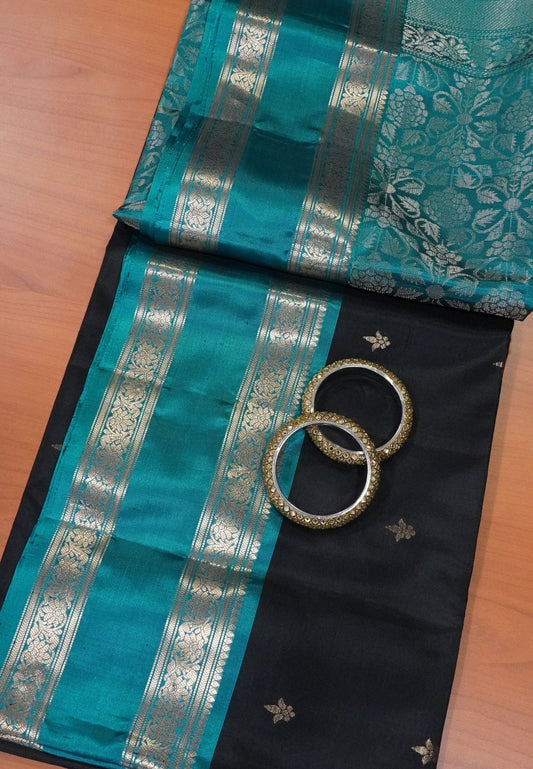 Pure Silk Saree - Black - Peacock Green