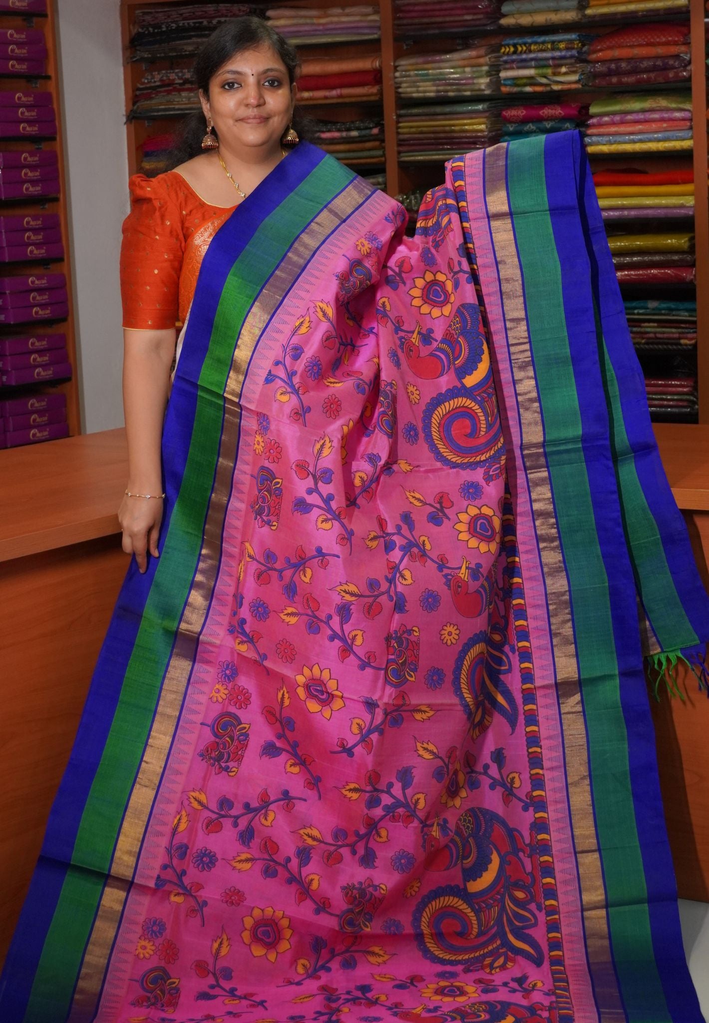 Silk Cotton Saree-Pink in Kalamkari Pattern