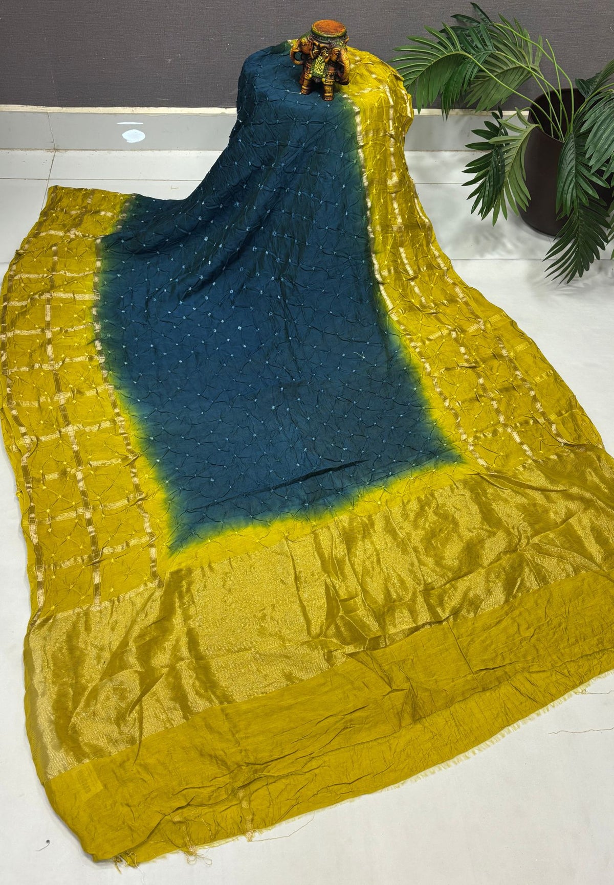 Banarasi Bandeji Saree-Peacock Blue in Zari Checks with Contrast Border