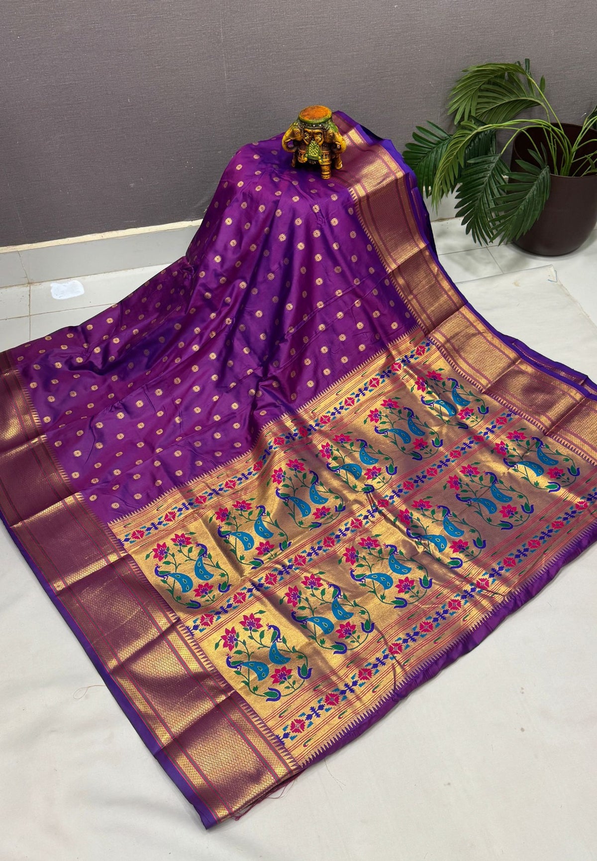 Traditional Peacock Floral Brocade Border - Purple