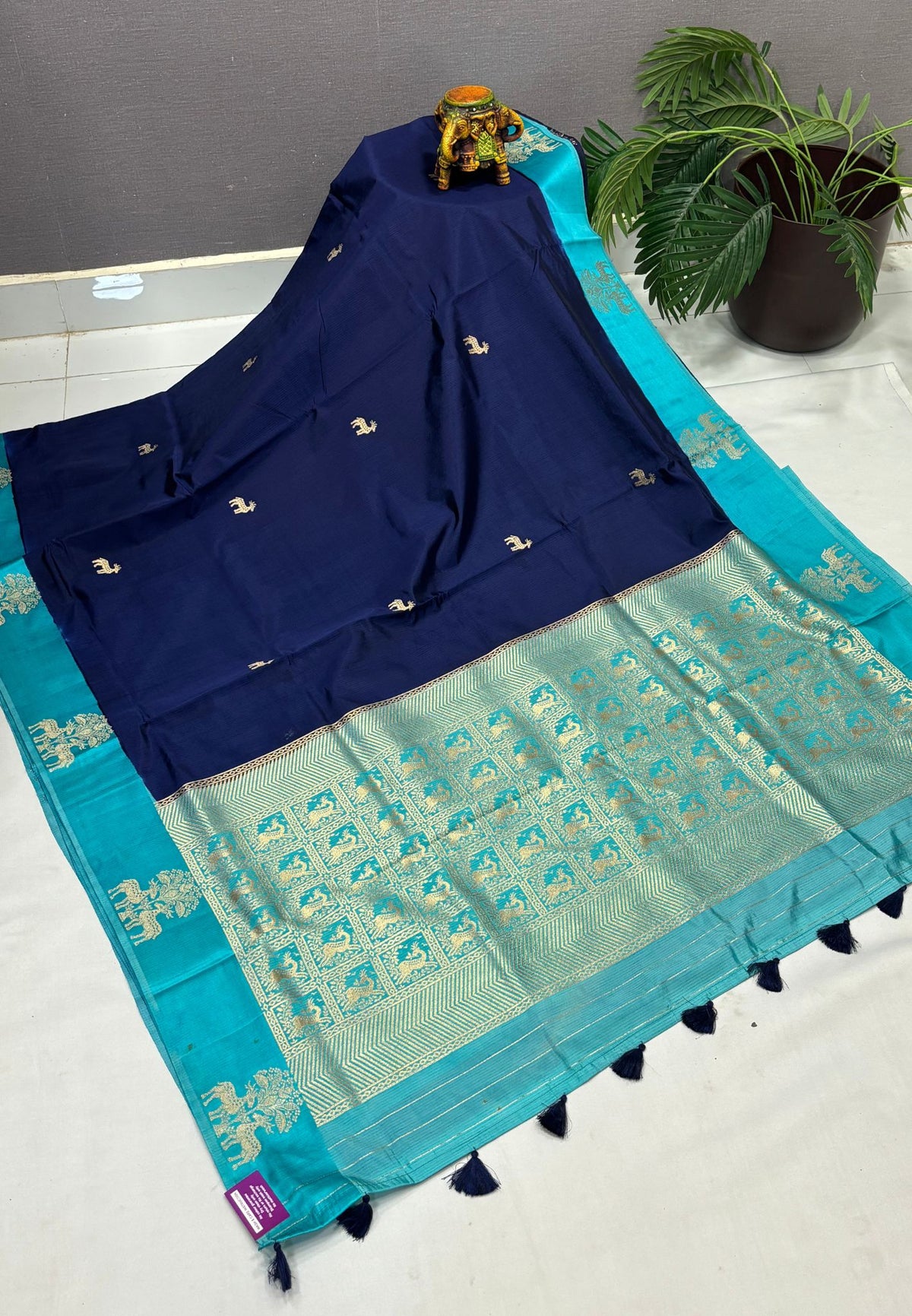 Mulberry Silk Saree-Tone of Blue with Deer Border