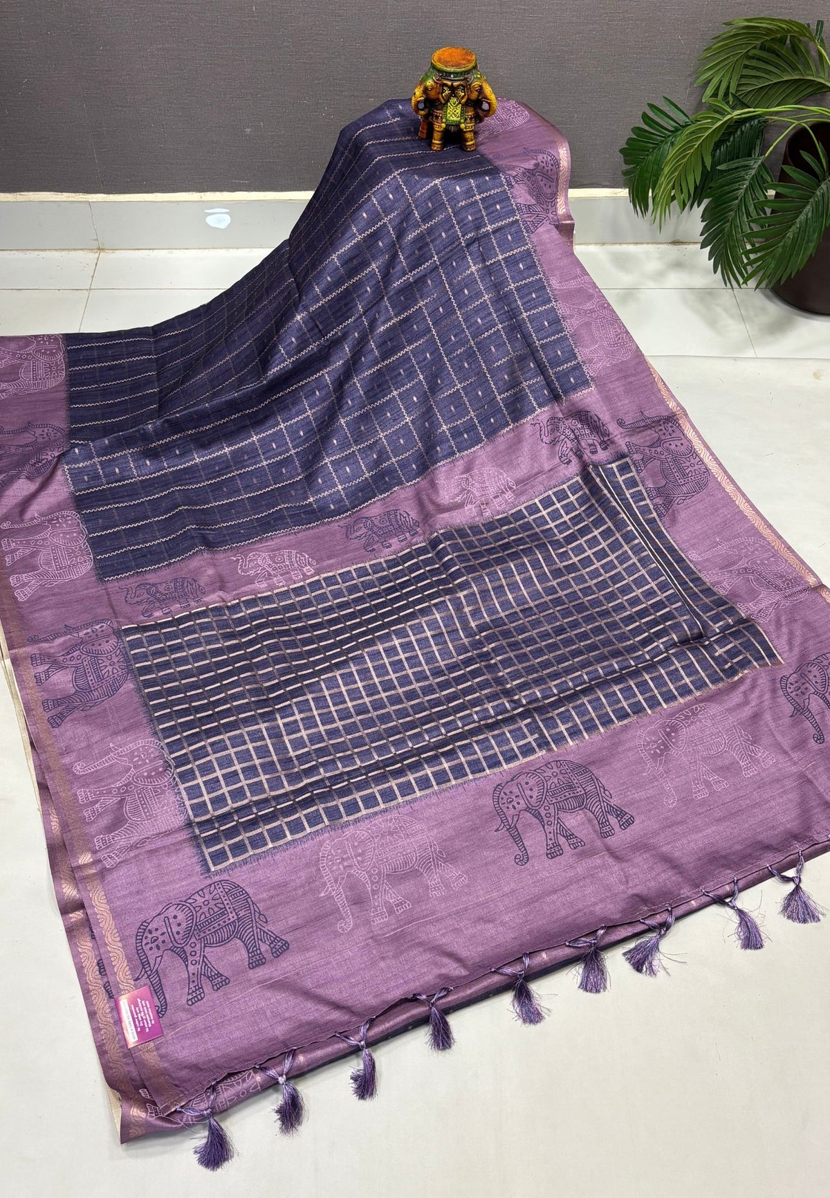 Semi Tussar Saree-Blue in Traditional Elephant Motif Zari with Contrast Border