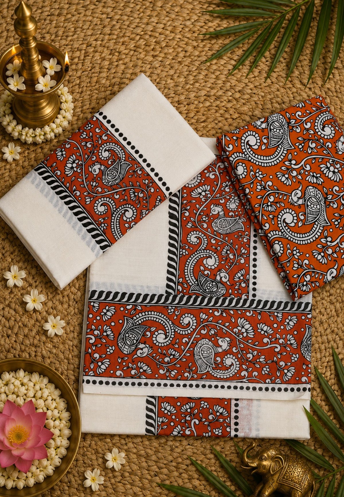 Cotton Set Mund-Off White - Orange with Kalamkari Border