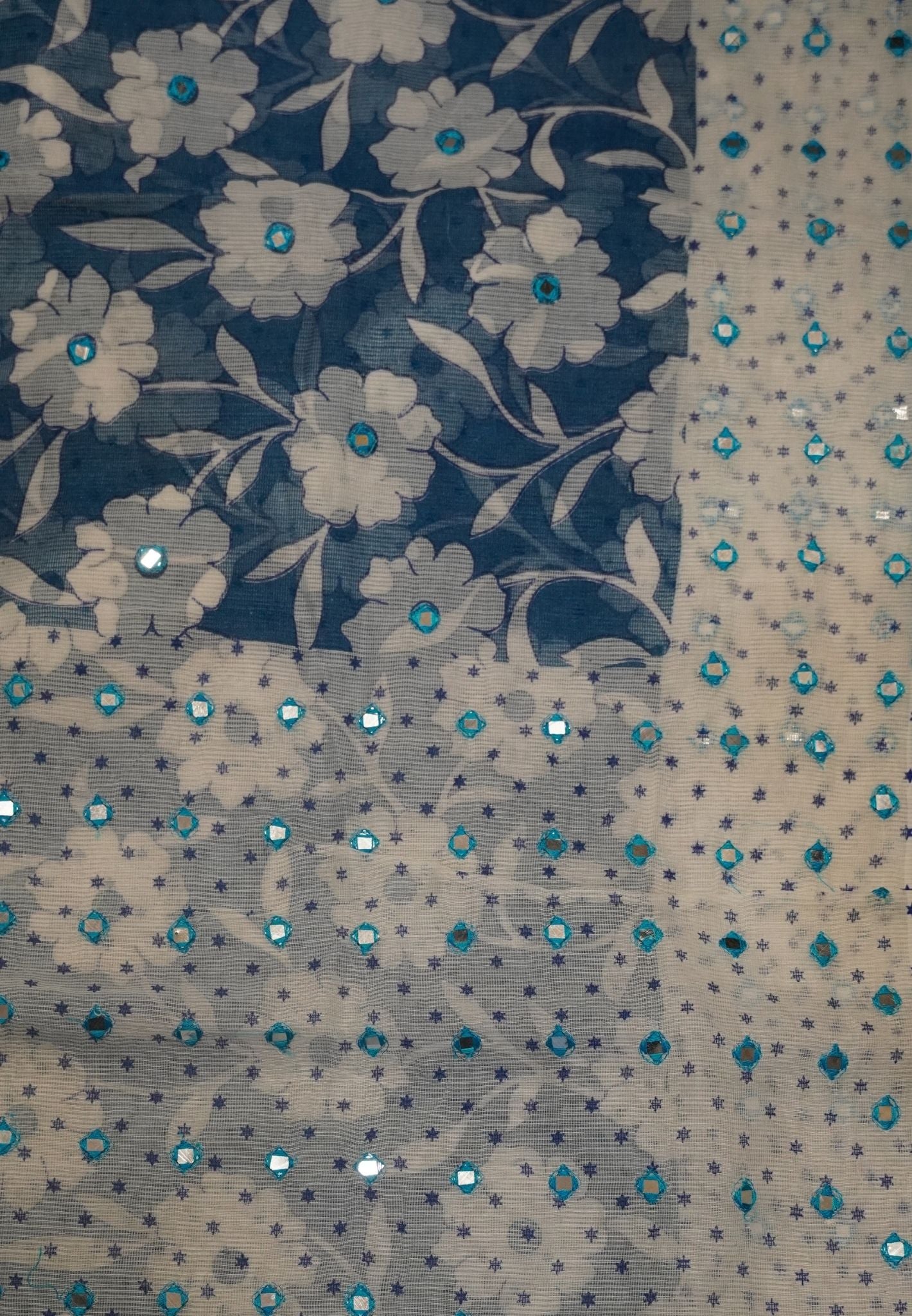 Supernet Kota Cotton Saree-Sky blue with Mirror Work